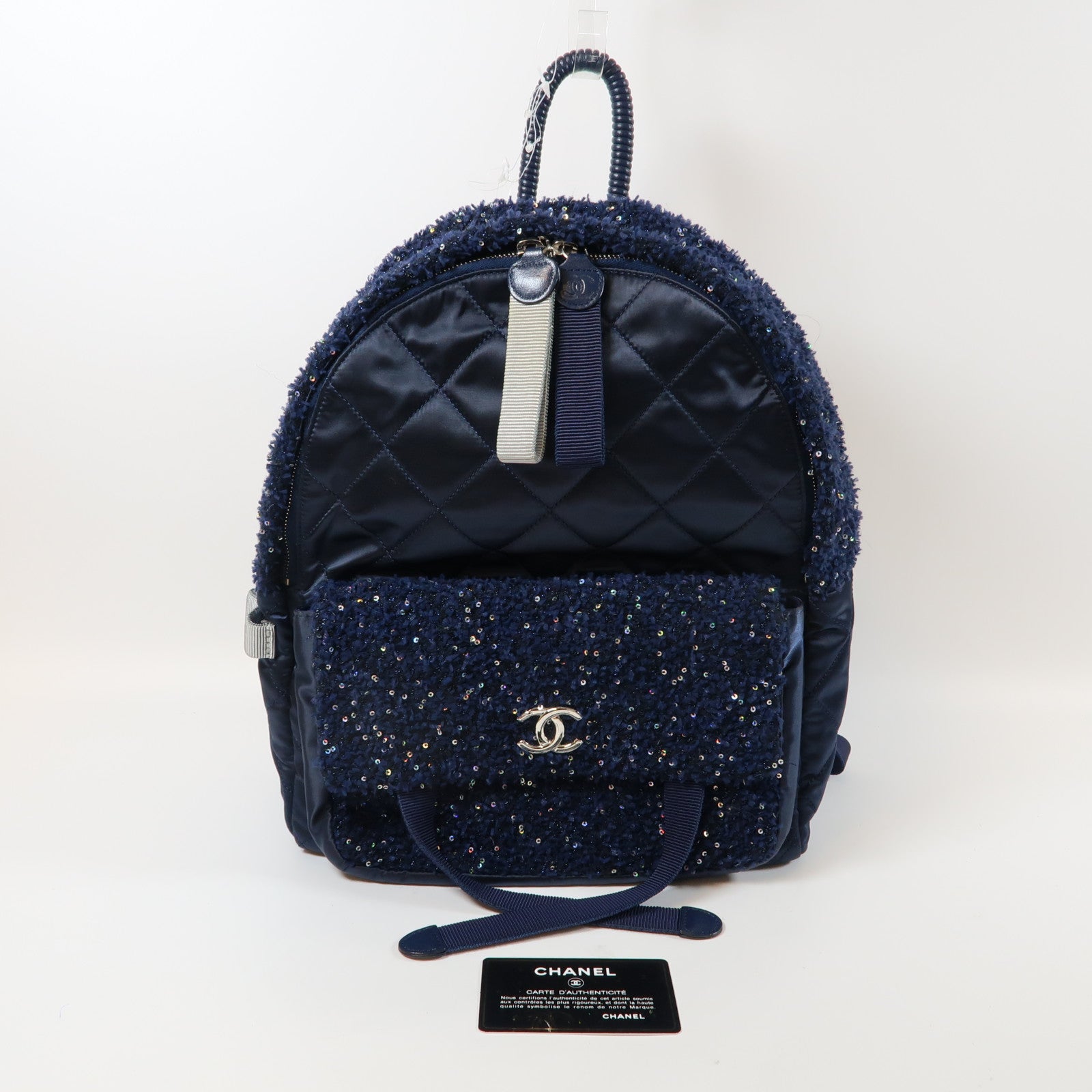 CHANEL 軟呢/菱格尼龍Backpack銀扣背包海軍藍色