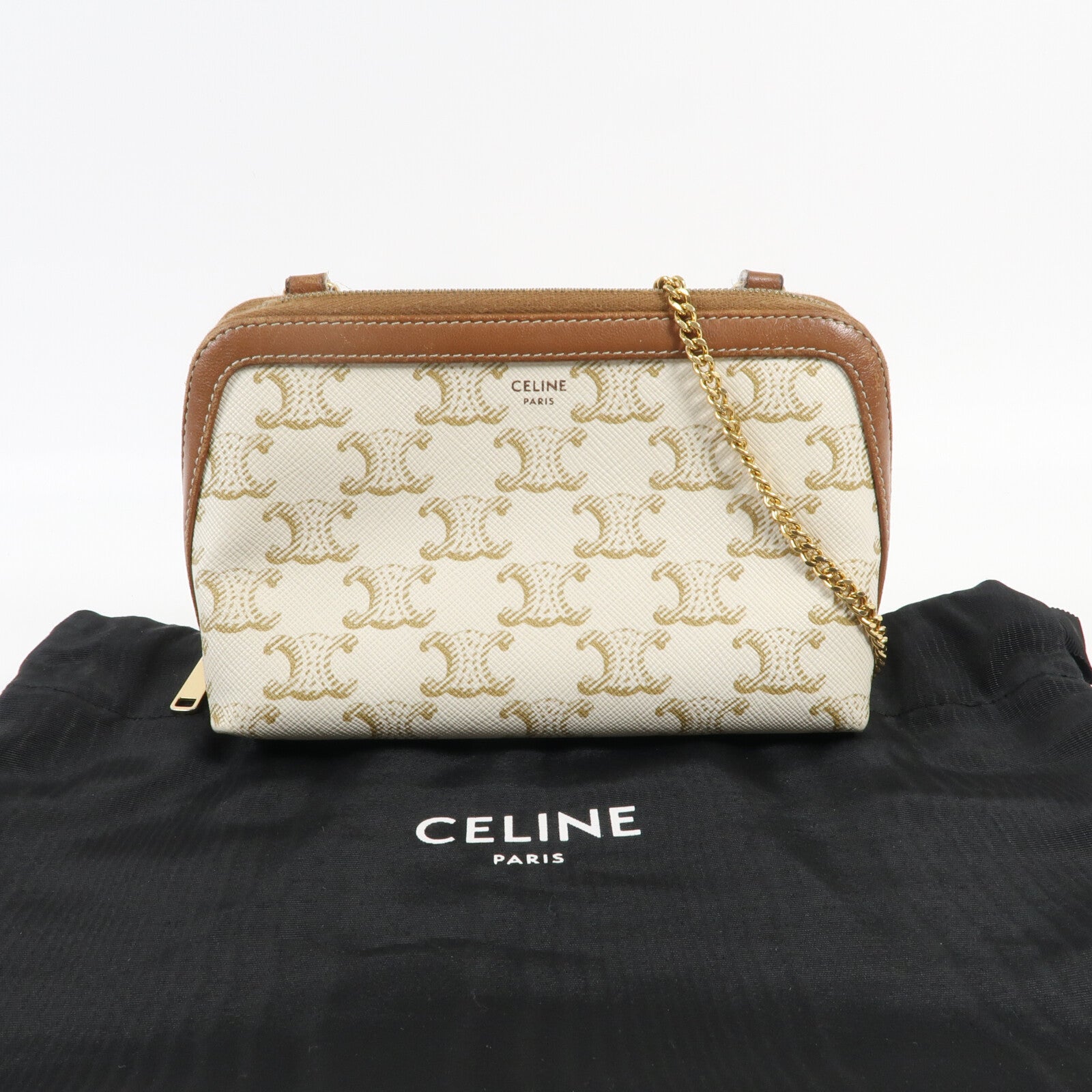 CELINE 牛皮皮革/塗層帆布Clutch On Chain金扣肩背袋
