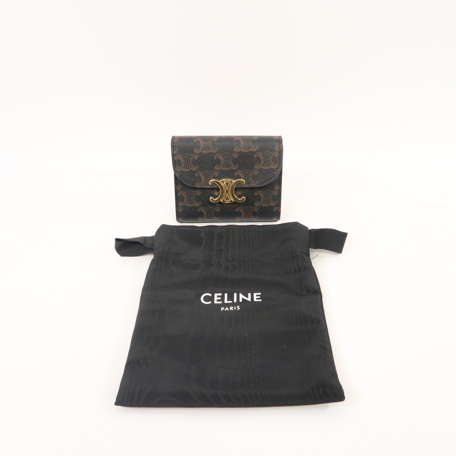 CELINE Triomphe帆布/牛皮皮革Small Wallet金扣錢包啡色