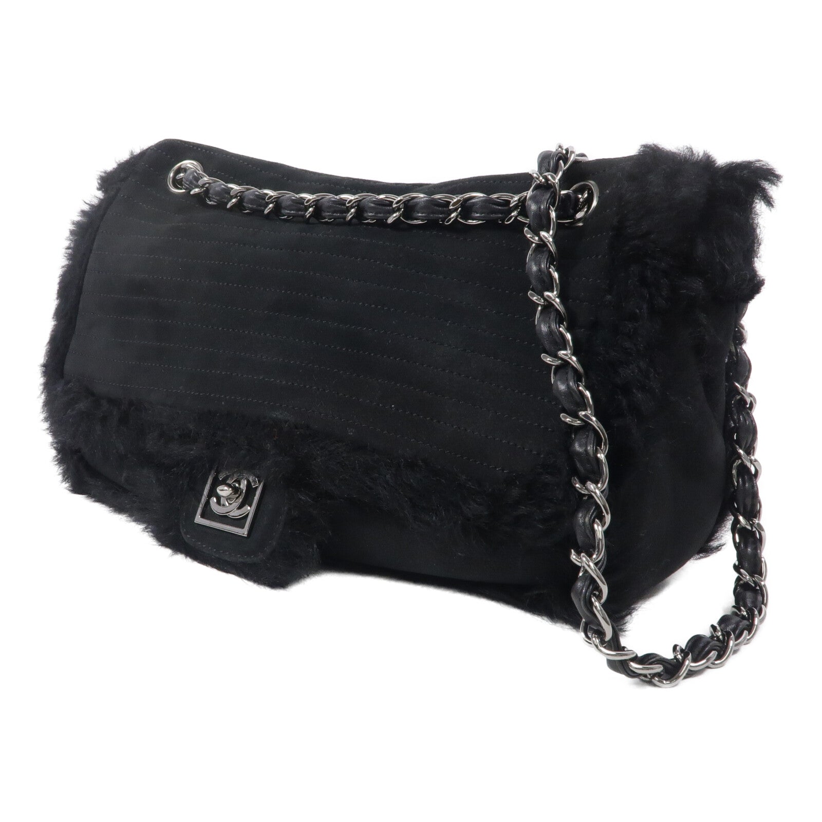 CHANEL 麂皮皮革/羊毛Chain Shoulder鏈帶肩背袋