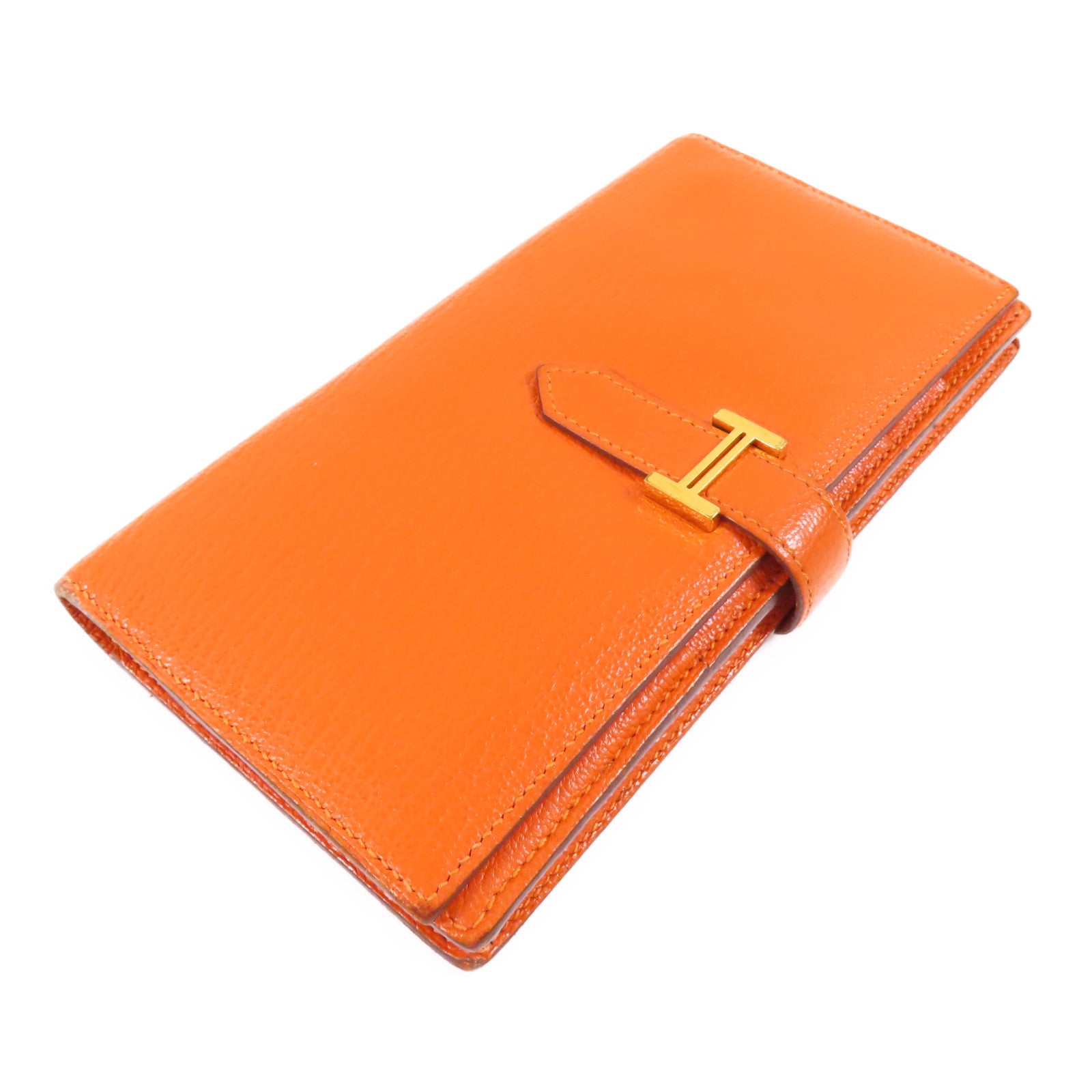 HERMES 【激減優惠】Chevre皮革Bearn金扣長錢包93 Orange