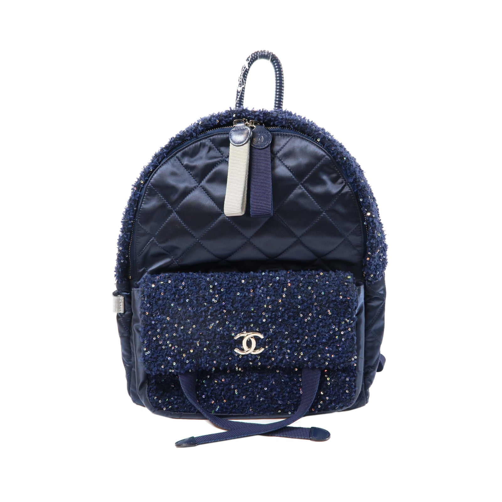 CHANEL 軟呢/菱格尼龍Backpack銀扣背包海軍藍色