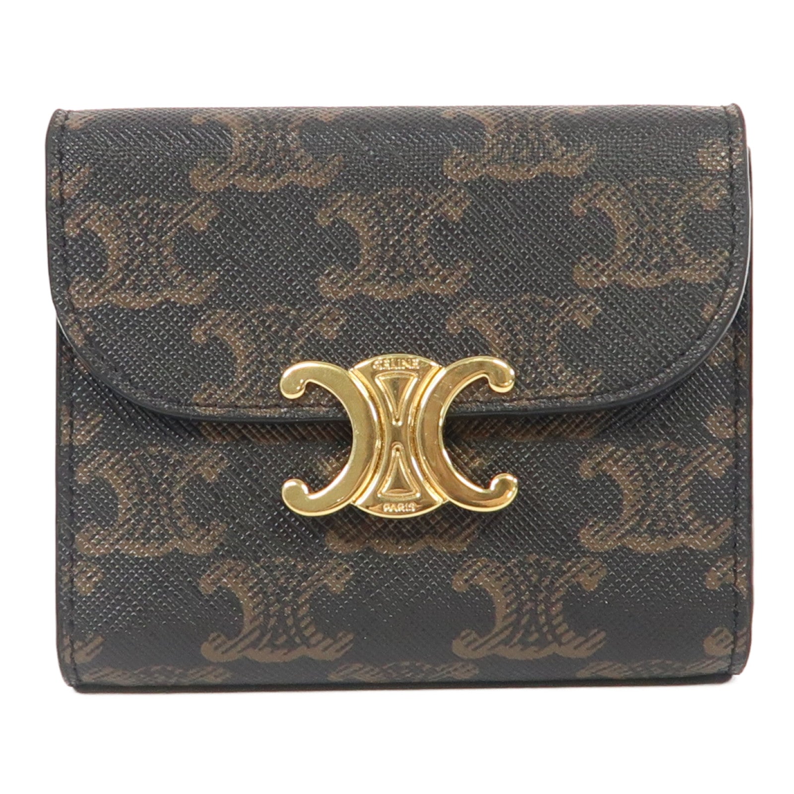 CELINE Triomphe帆布/牛皮皮革Small Wallet金扣錢包啡色