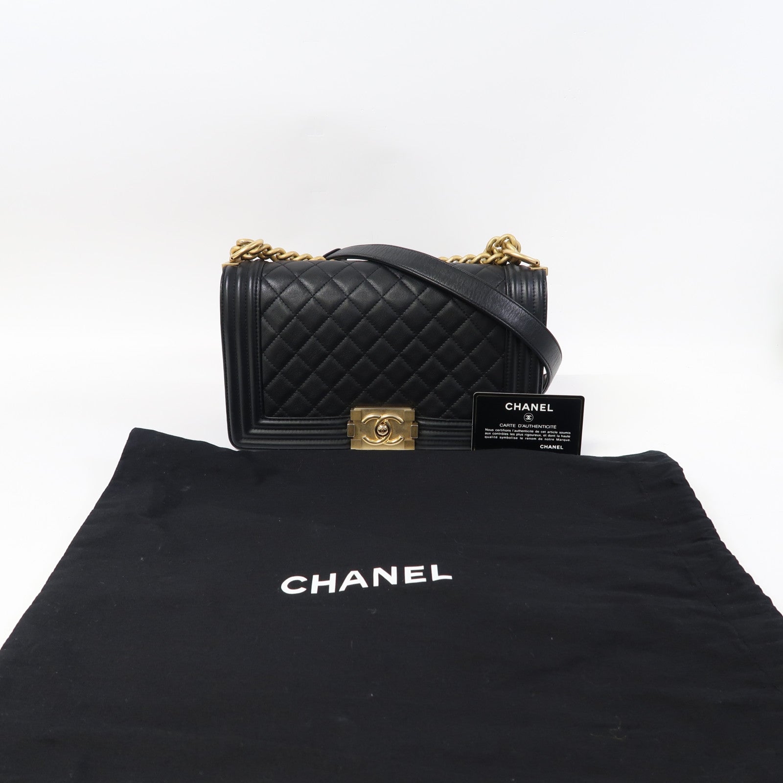 CHANEL 【激減優惠】菱格羊皮皮革Boy 25金扣鏈帶肩背袋黑色