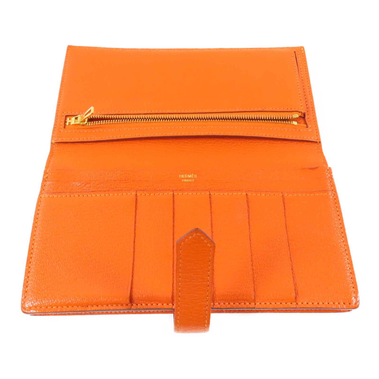 HERMES Chevre皮革Bearn金扣長錢包93 Orange