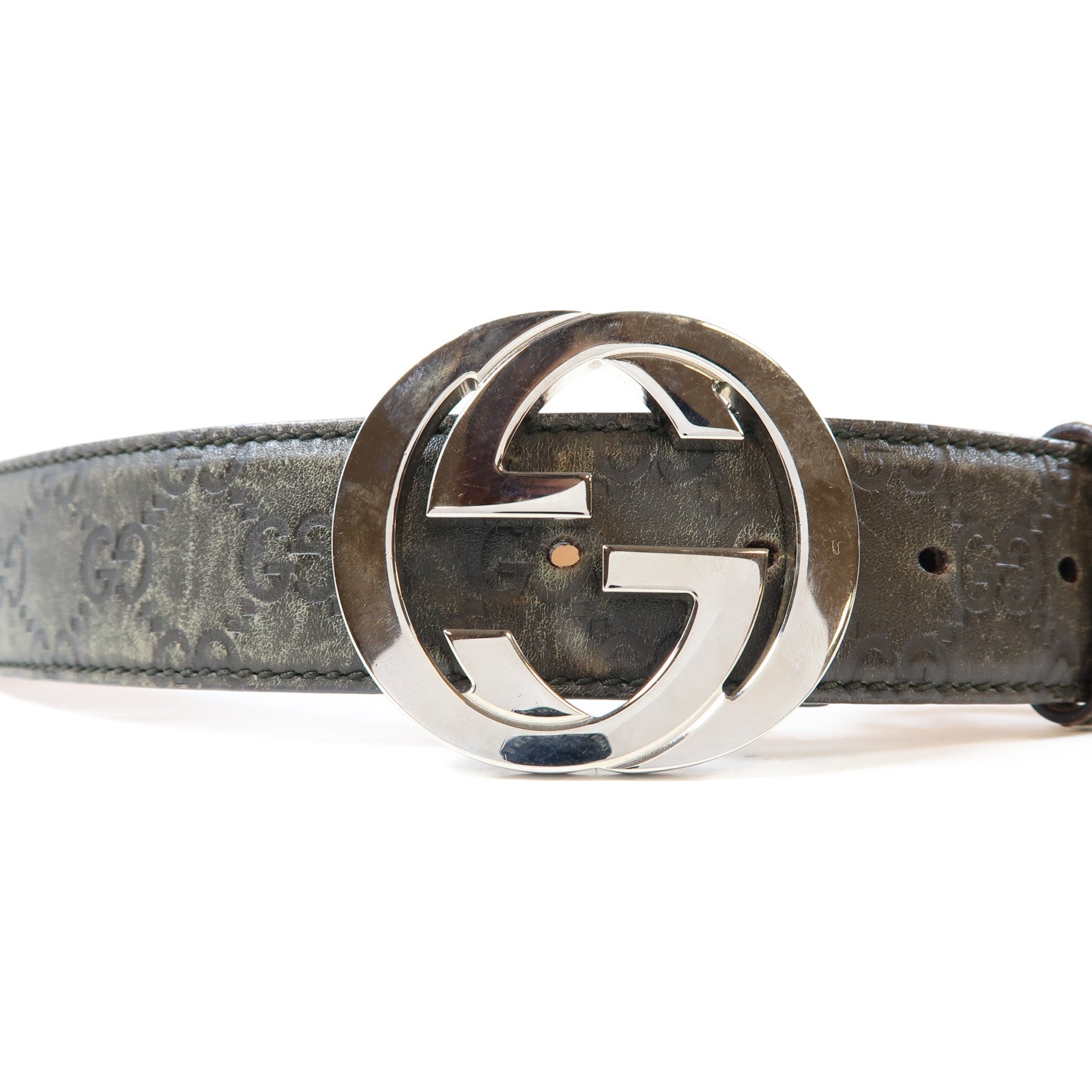 GUCCI 牛皮皮革Belt銀扣皮帶灰色