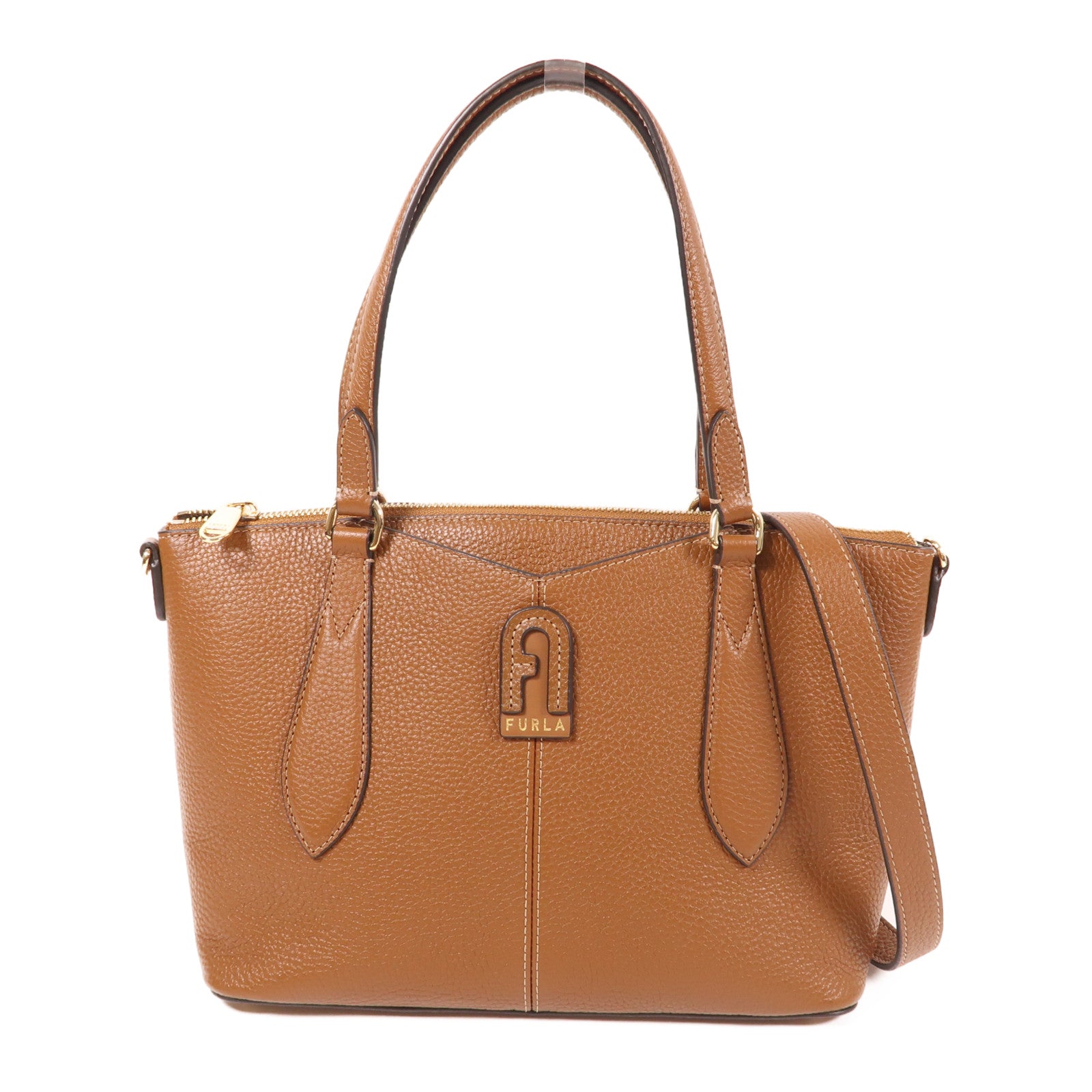 Furla 牛皮皮革2 Way Shoulder金扣手挽肩背兩用袋棕色