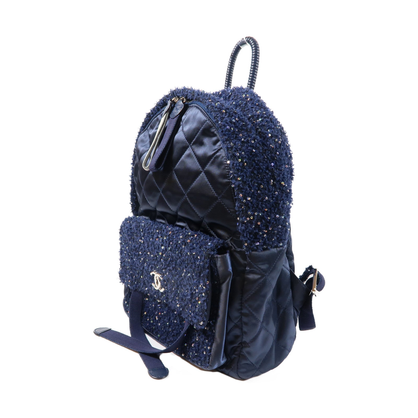 CHANEL 軟呢/菱格尼龍Backpack銀扣背包海軍藍色