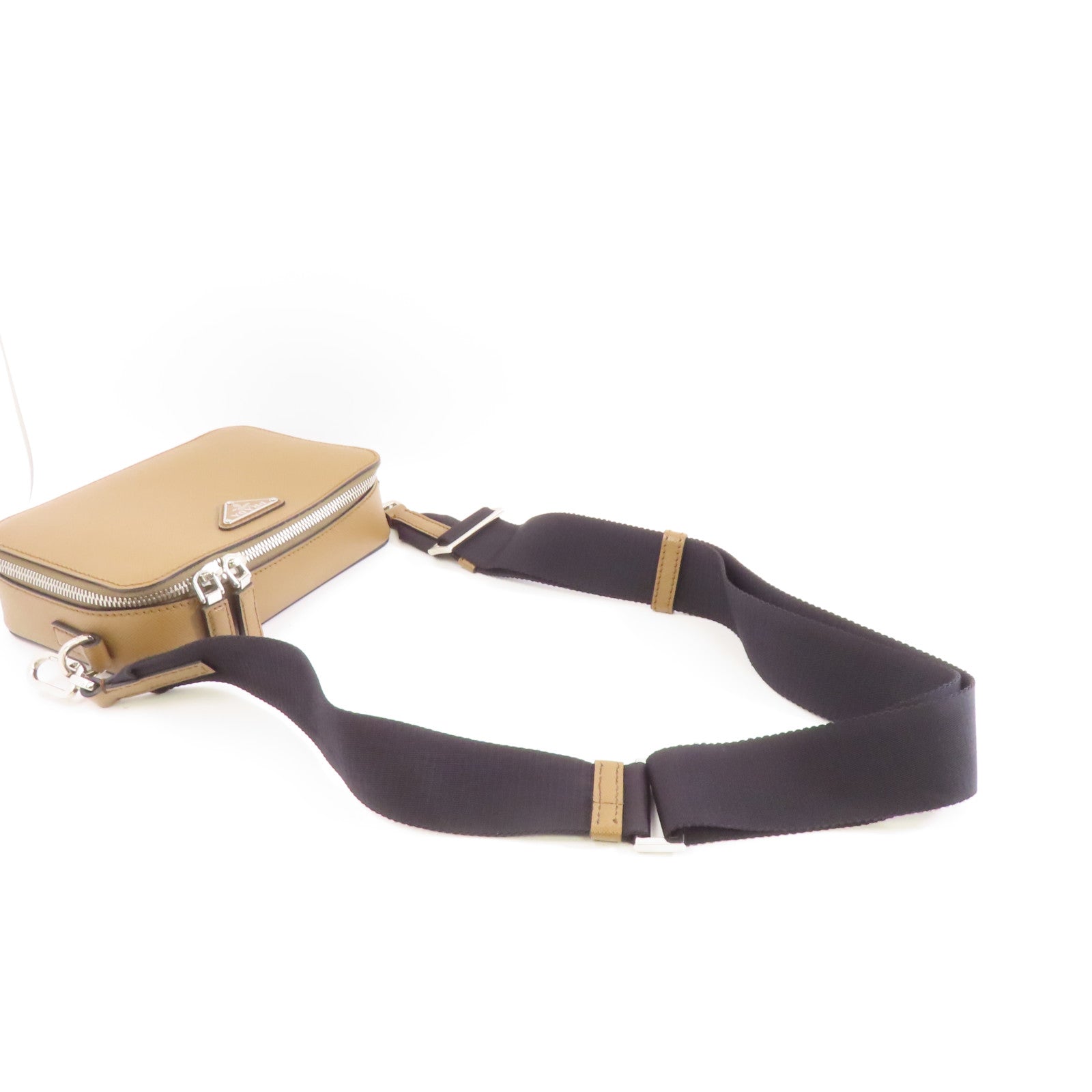 PRADA 牛皮皮革Shoulder Bag銀扣肩背袋啡色/黑色