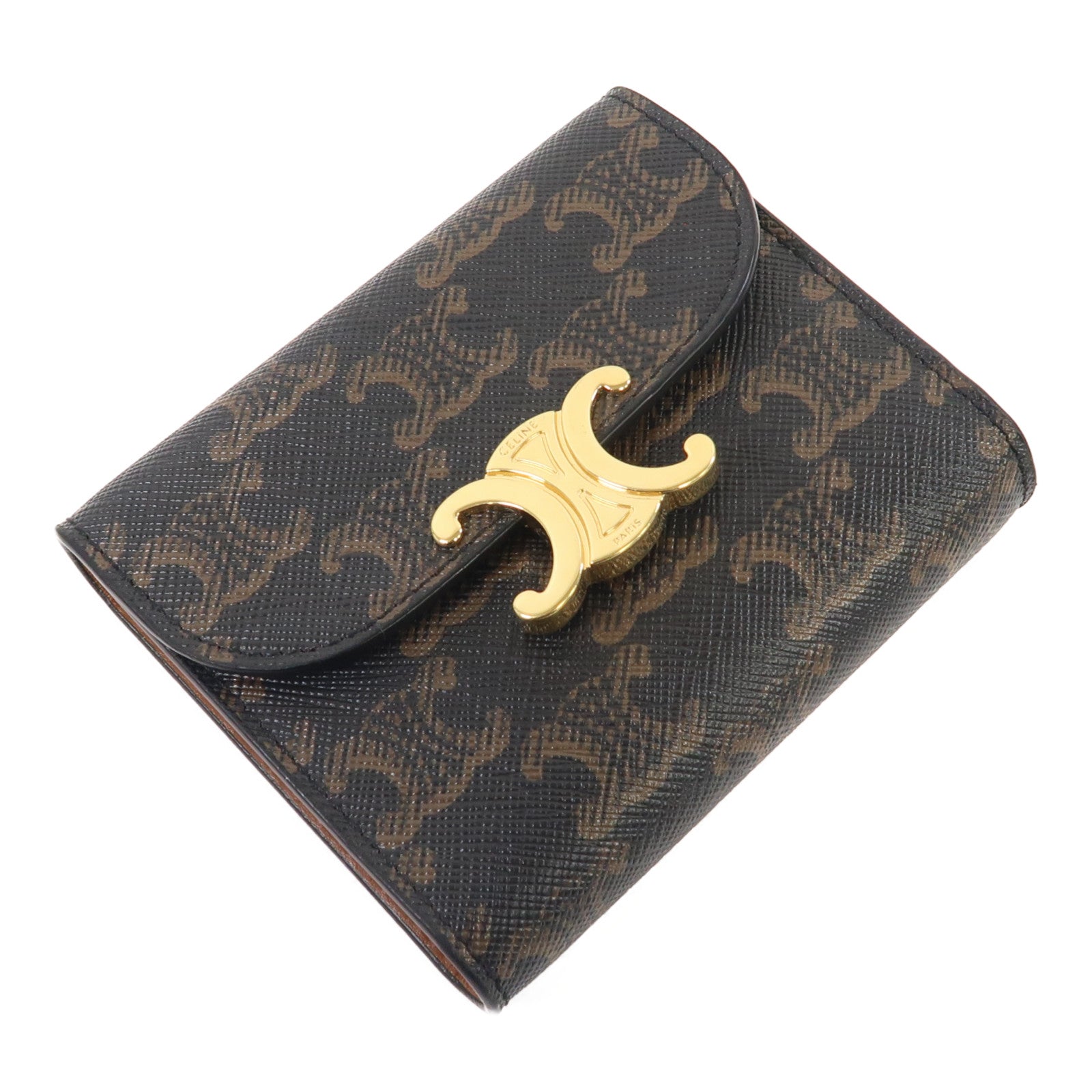 CELINE Triomphe帆布/牛皮皮革Small Wallet金扣錢包啡色