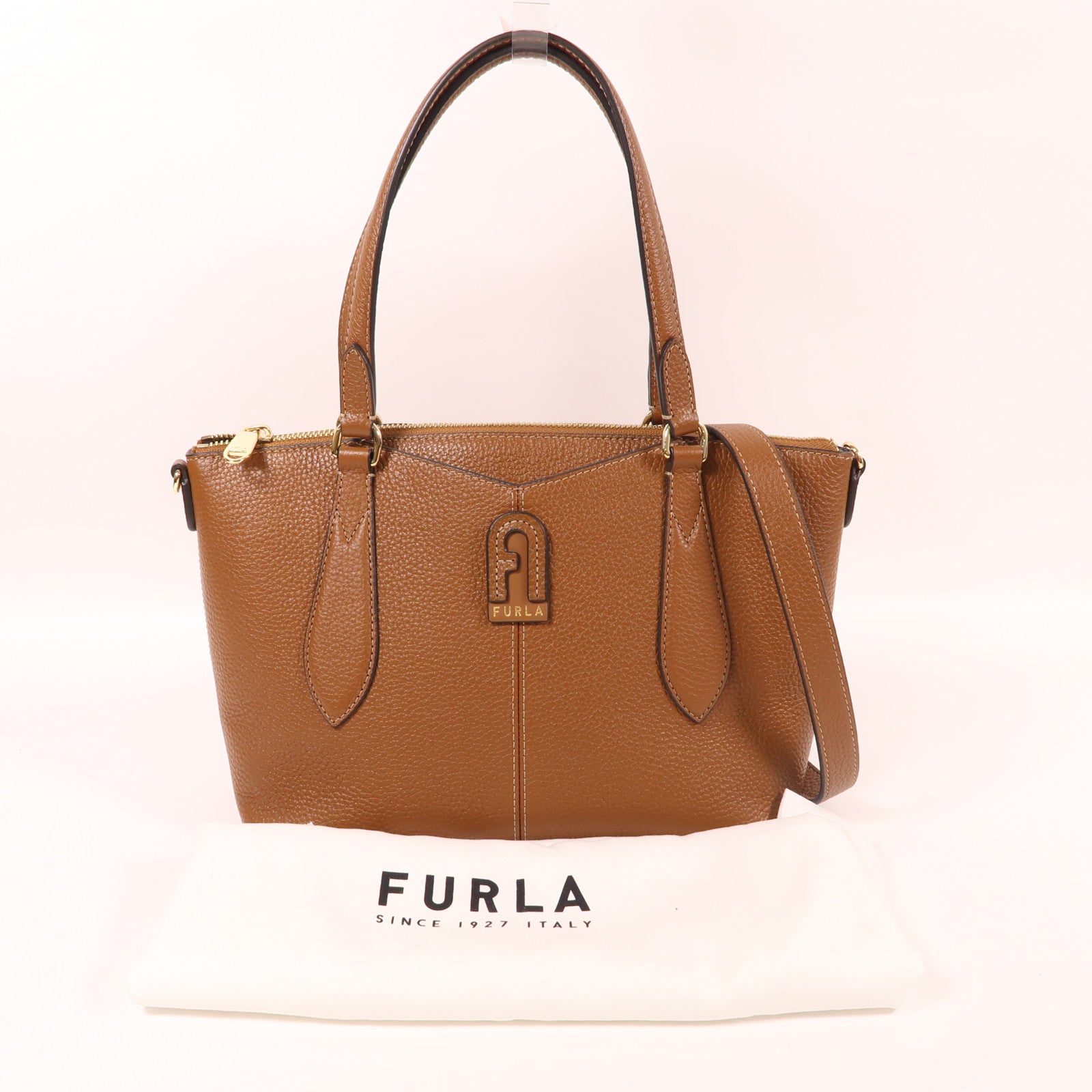 Furla 牛皮皮革2 Way Shoulder金扣手挽肩背兩用袋棕色
