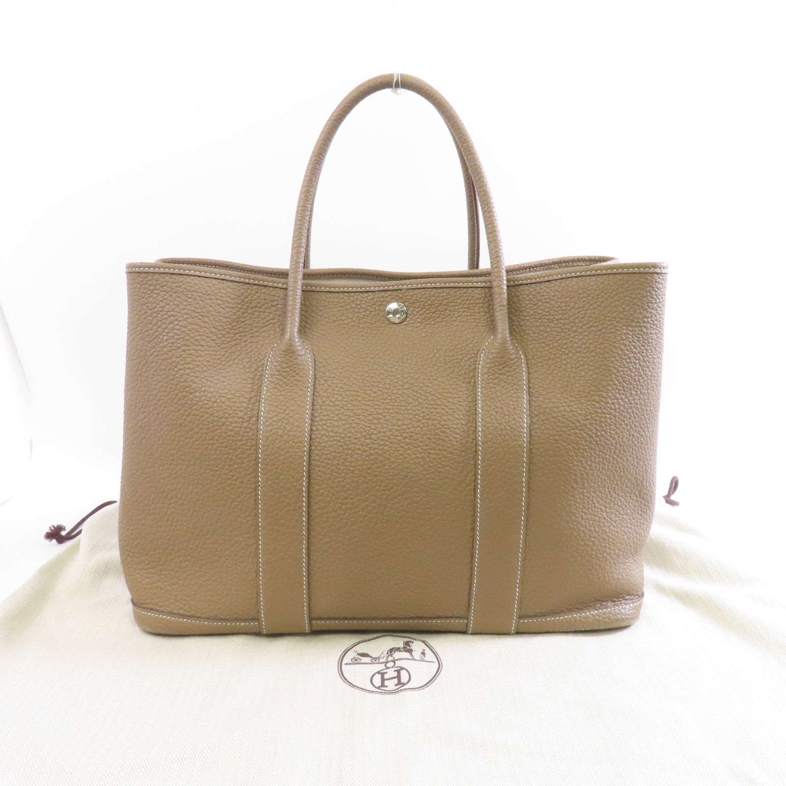 HERMES Clemence皮革GardenParty PM銀扣手挽袋Etoupe/米灰色