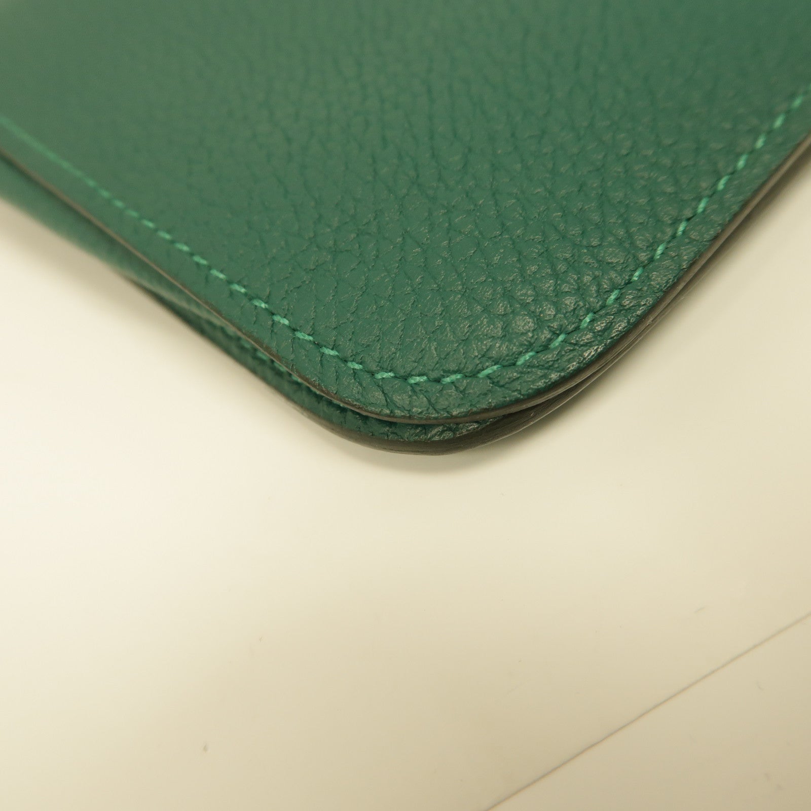 HERMES Clemence皮革Dogon GM銀扣長錢包綠色