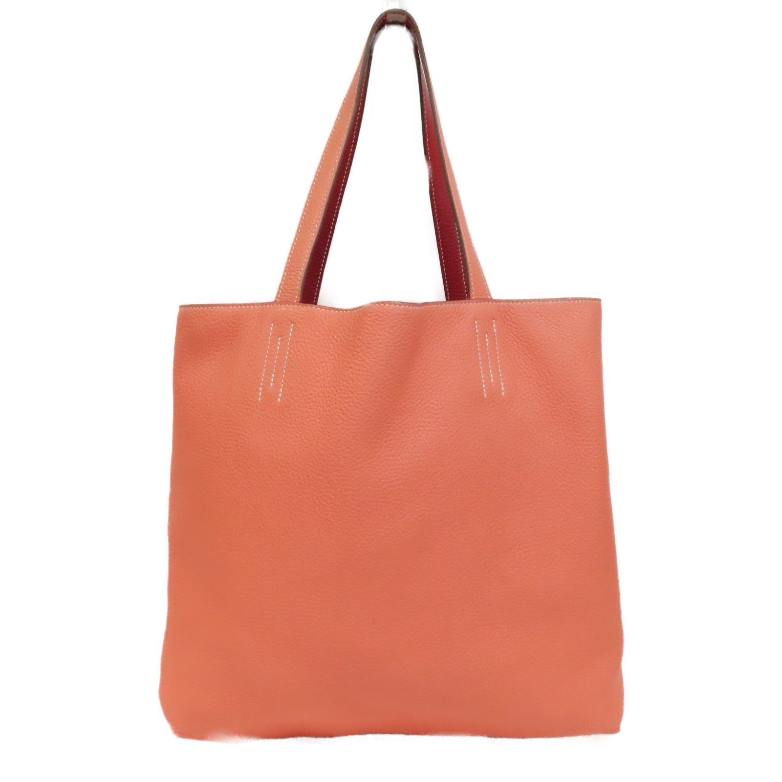 HERMES Clemence皮革Double Sens手挽袋Crevette/淺橙色/Rouge Casaque/紅色