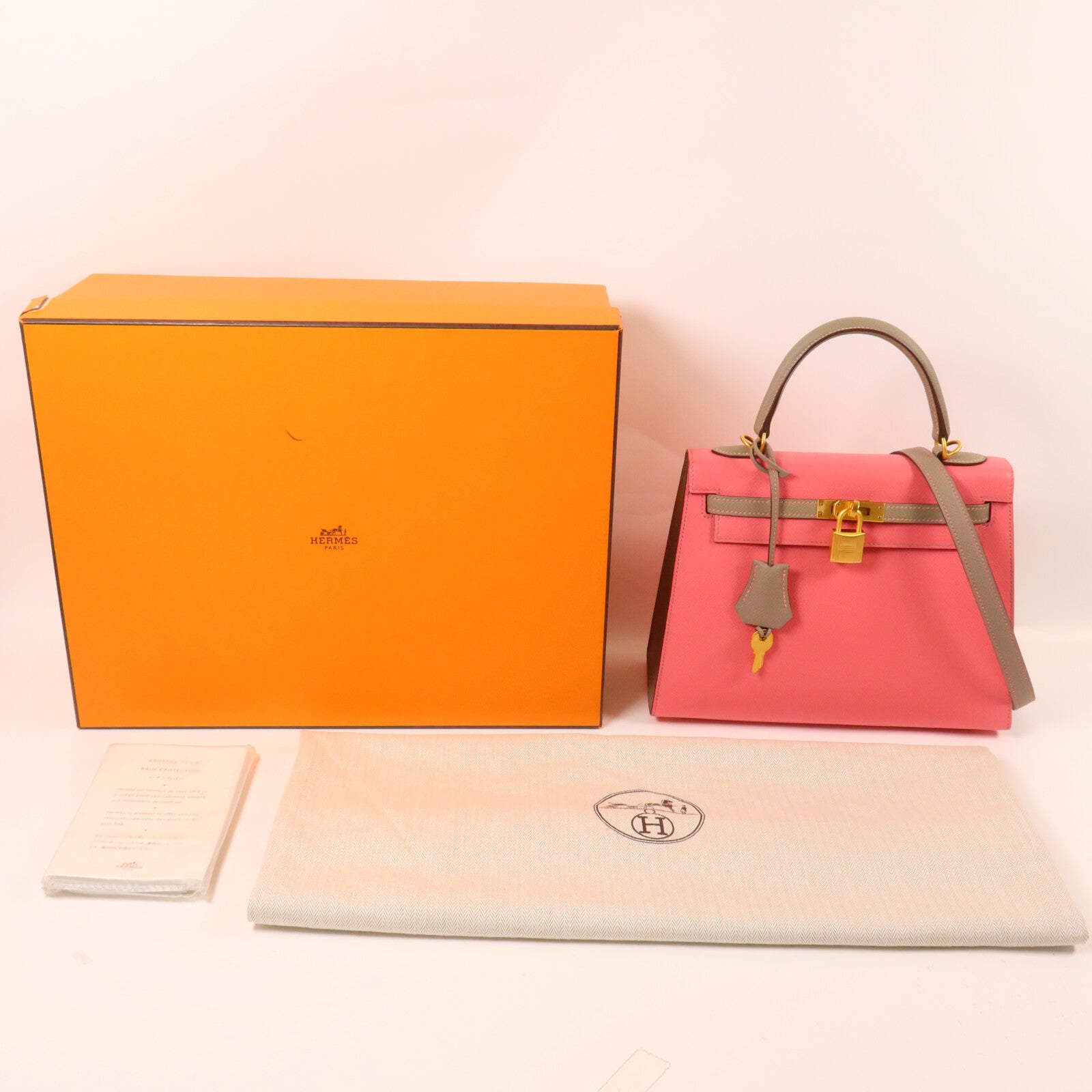HERMES Epsom皮革Kelly 25手挽肩背兩用袋Rose Azalee/Gris Mouette
