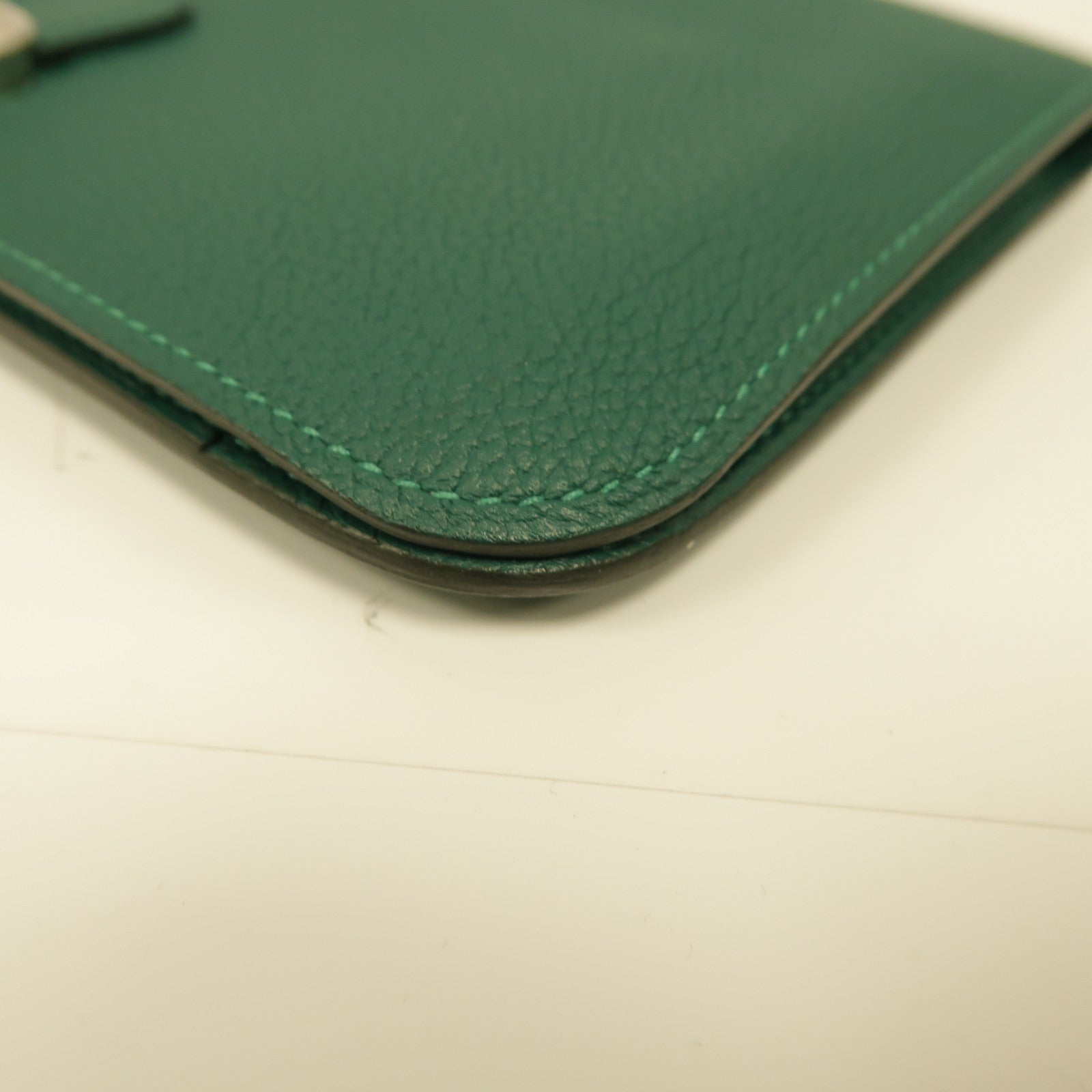 HERMES Clemence皮革Dogon GM銀扣長錢包綠色