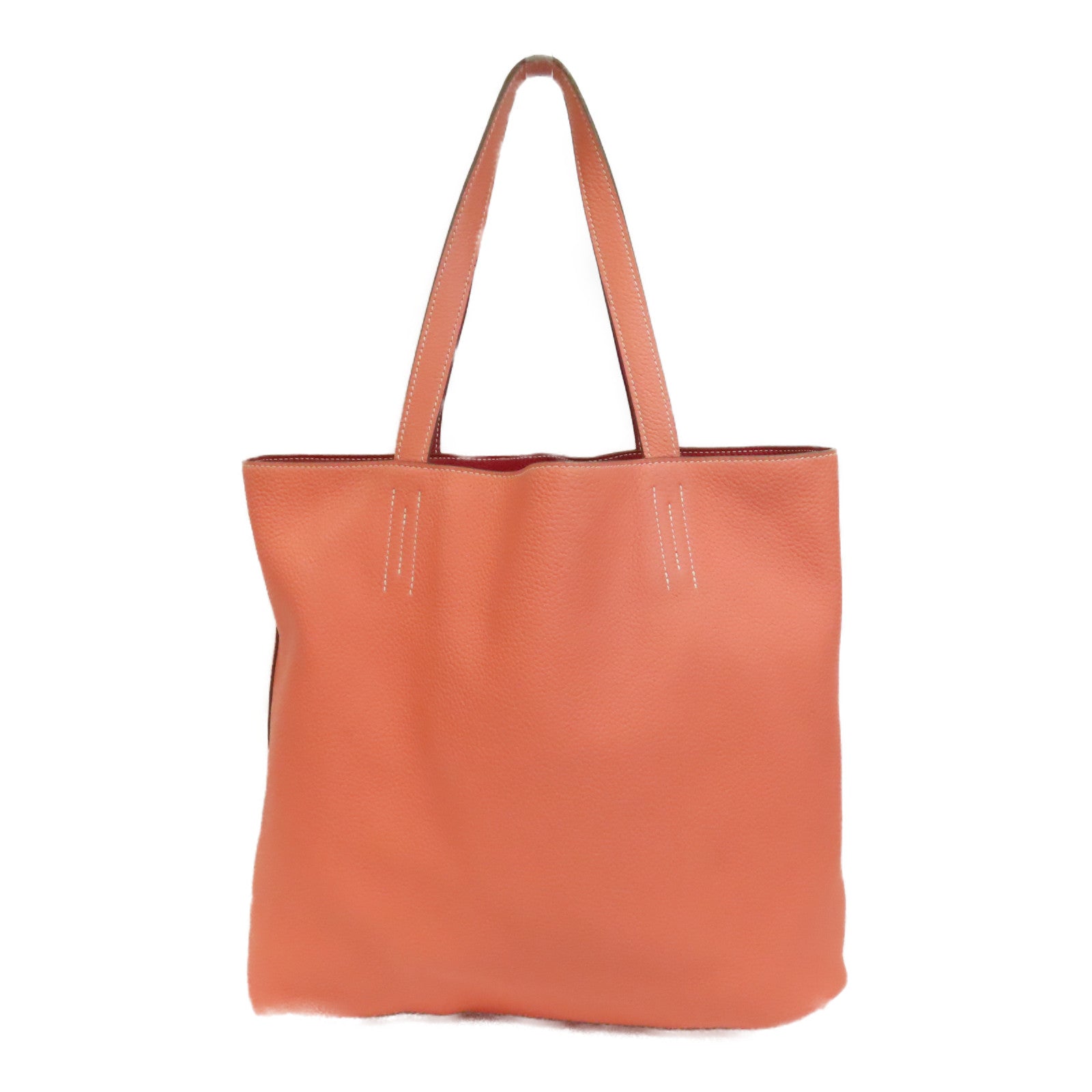 HERMES Clemence皮革Double Sens手挽袋Crevette/淺橙色/Rouge Casaque/紅色