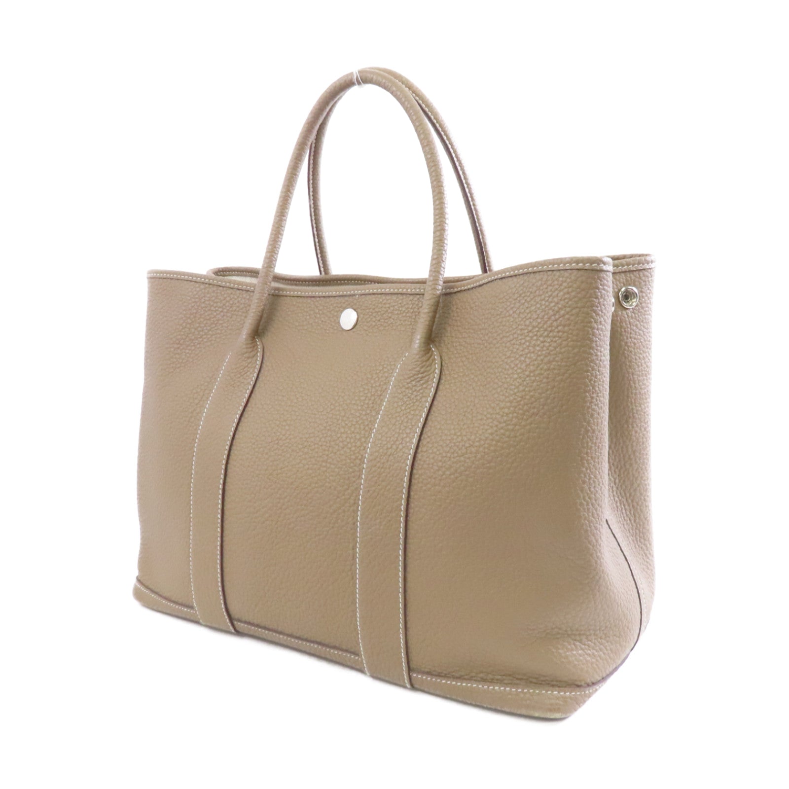 HERMES Clemence皮革GardenParty PM銀扣手挽袋Etoupe/米灰色