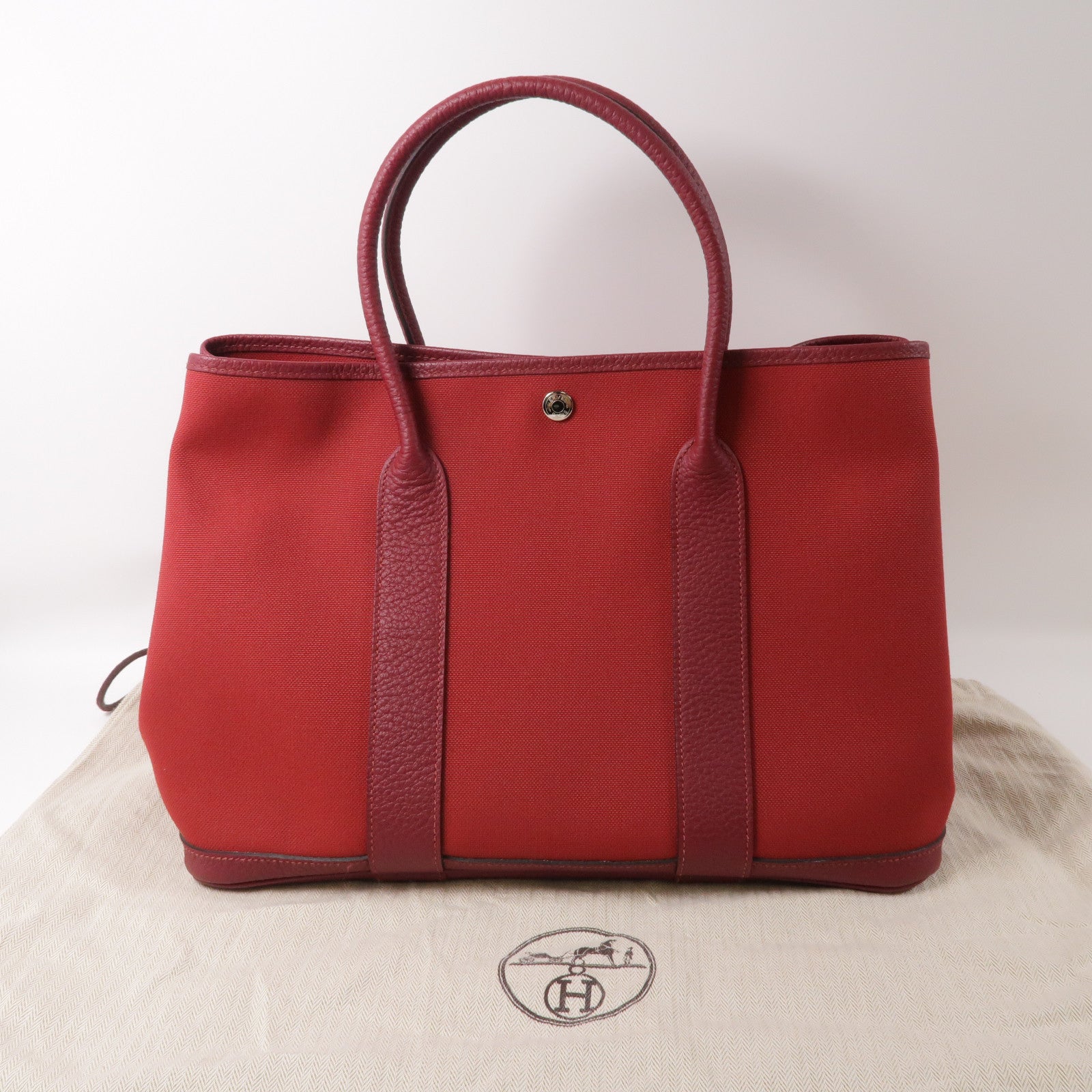 HERMES 帆布Garden Party PM銀扣手挽袋紅色