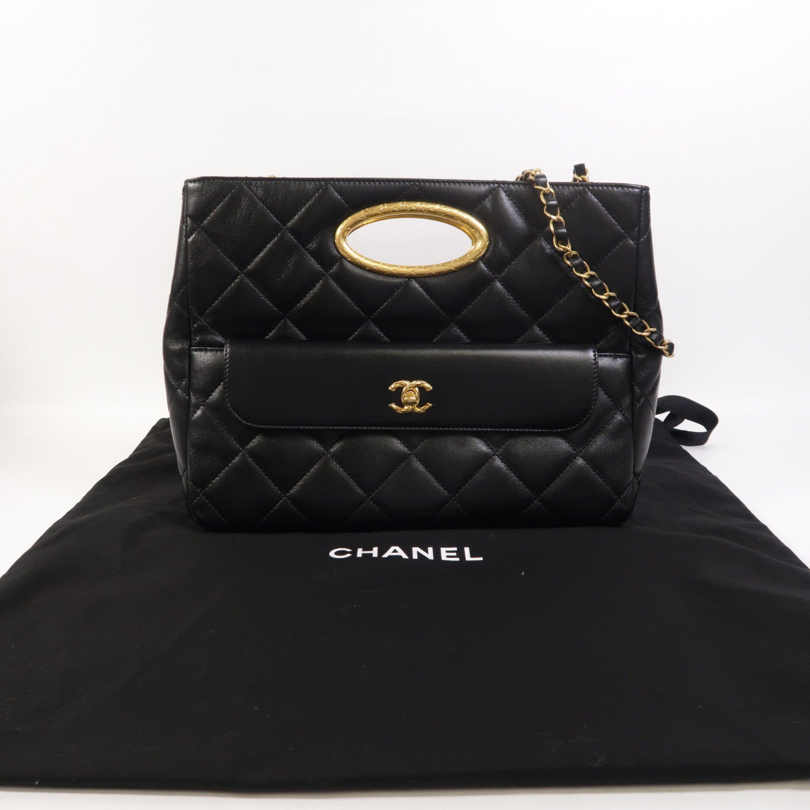 CHANEL 羊皮皮革2 Way Shoulder金扣手挽肩背兩用袋