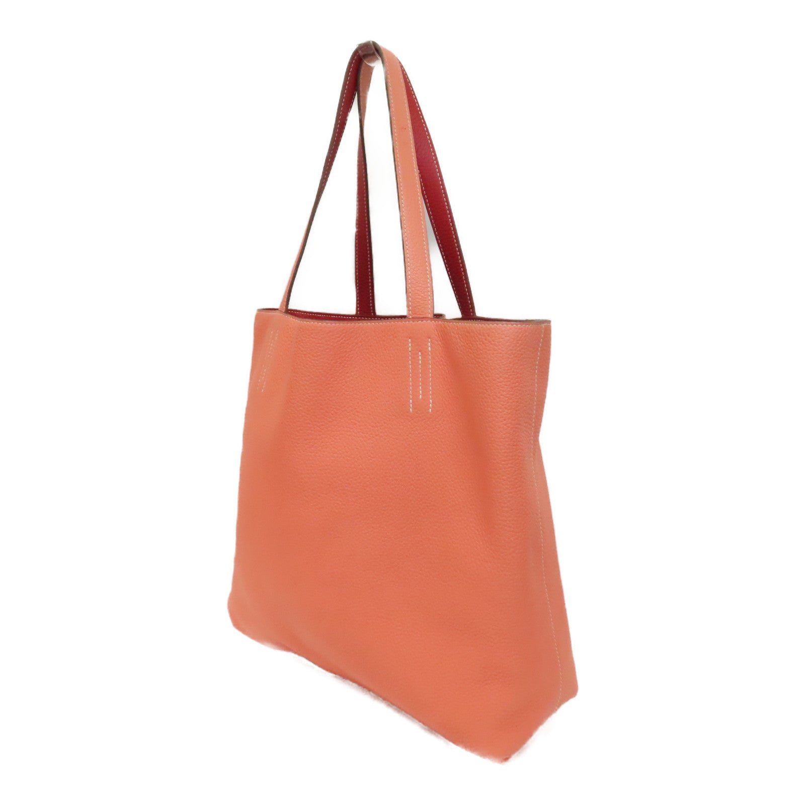 HERMES Clemence皮革Double Sens手挽袋Crevette/淺橙色/Rouge Casaque/紅色