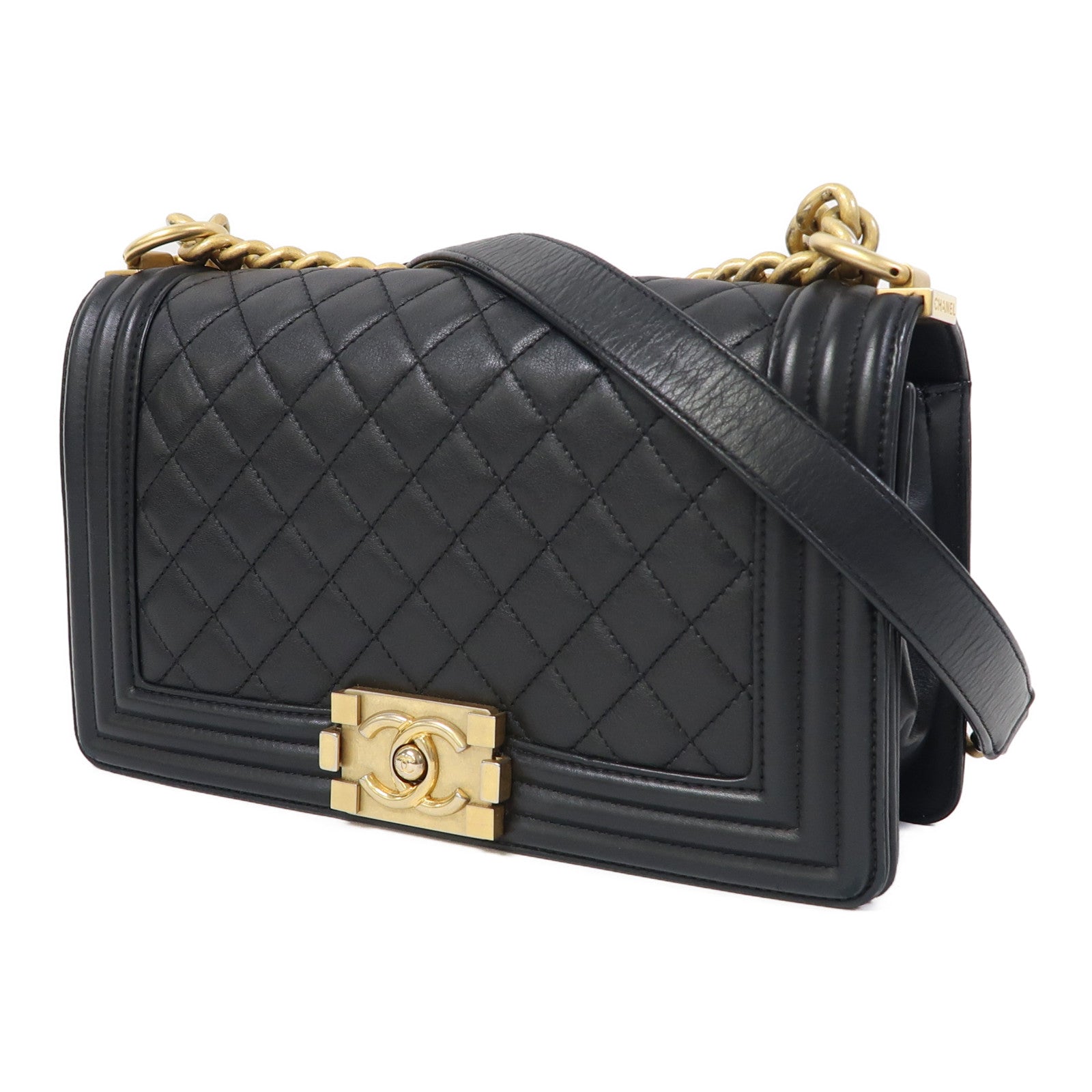 CHANEL 【激減優惠】菱格羊皮皮革Boy 25金扣鏈帶肩背袋黑色