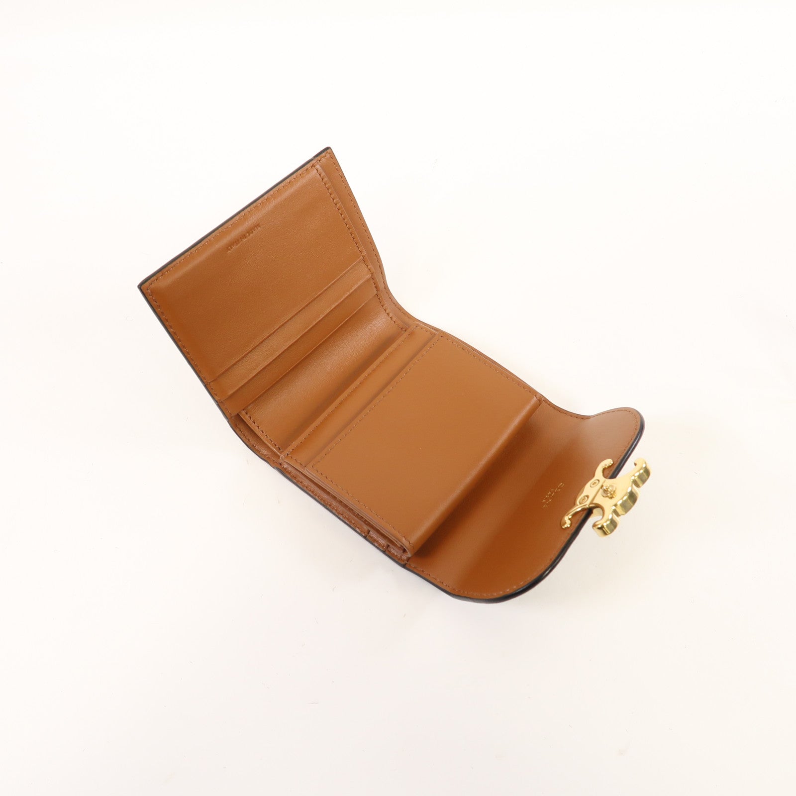 CELINE Triomphe帆布/牛皮皮革Small Wallet金扣錢包啡色