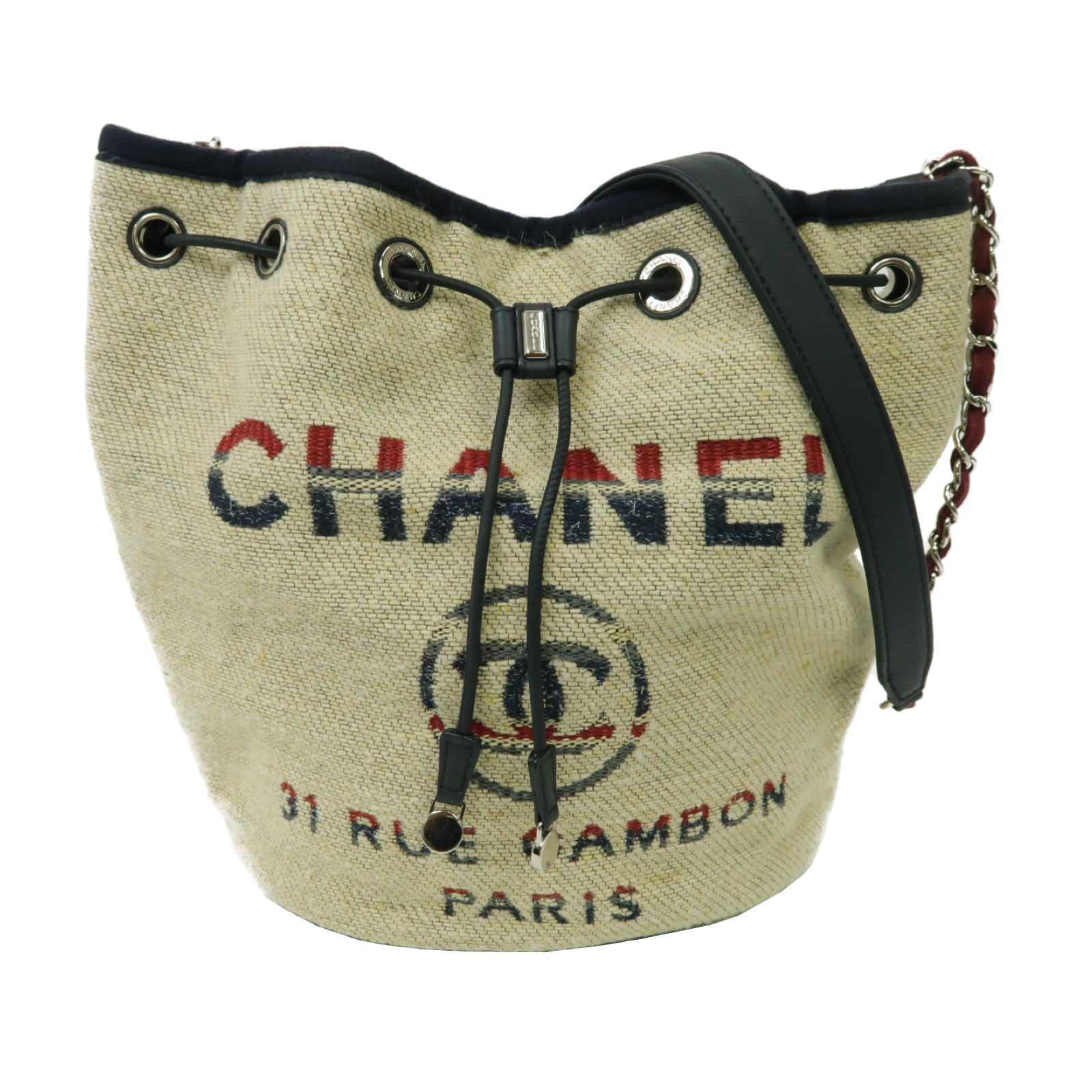 CHANEL 帆布Deauville Bucket Bag銀扣肩背袋黑色/米色/多色
