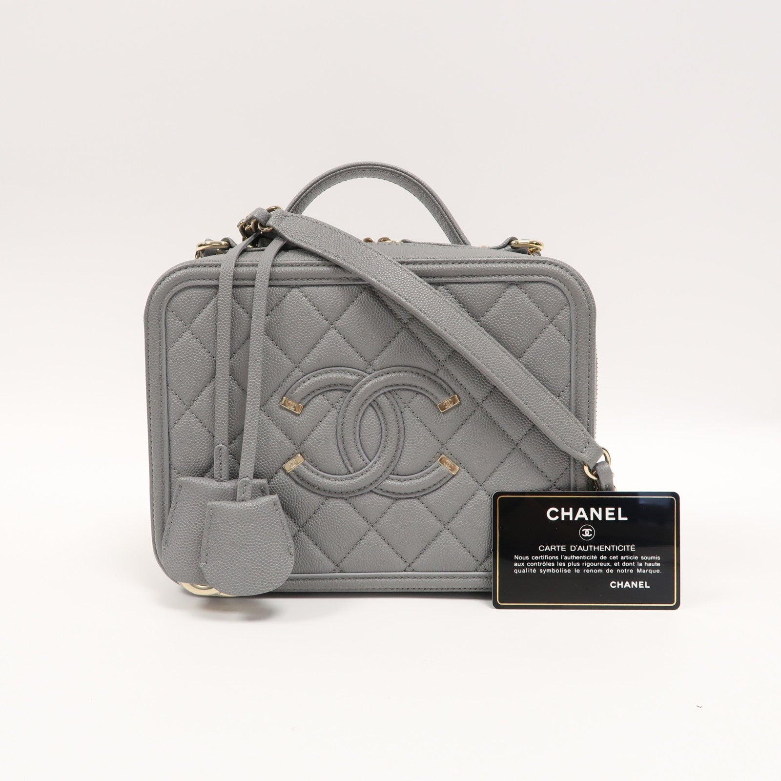 CHANEL 【激減優惠】菱格Caviar皮革Vanity Case金扣手挽肩背兩用袋灰色