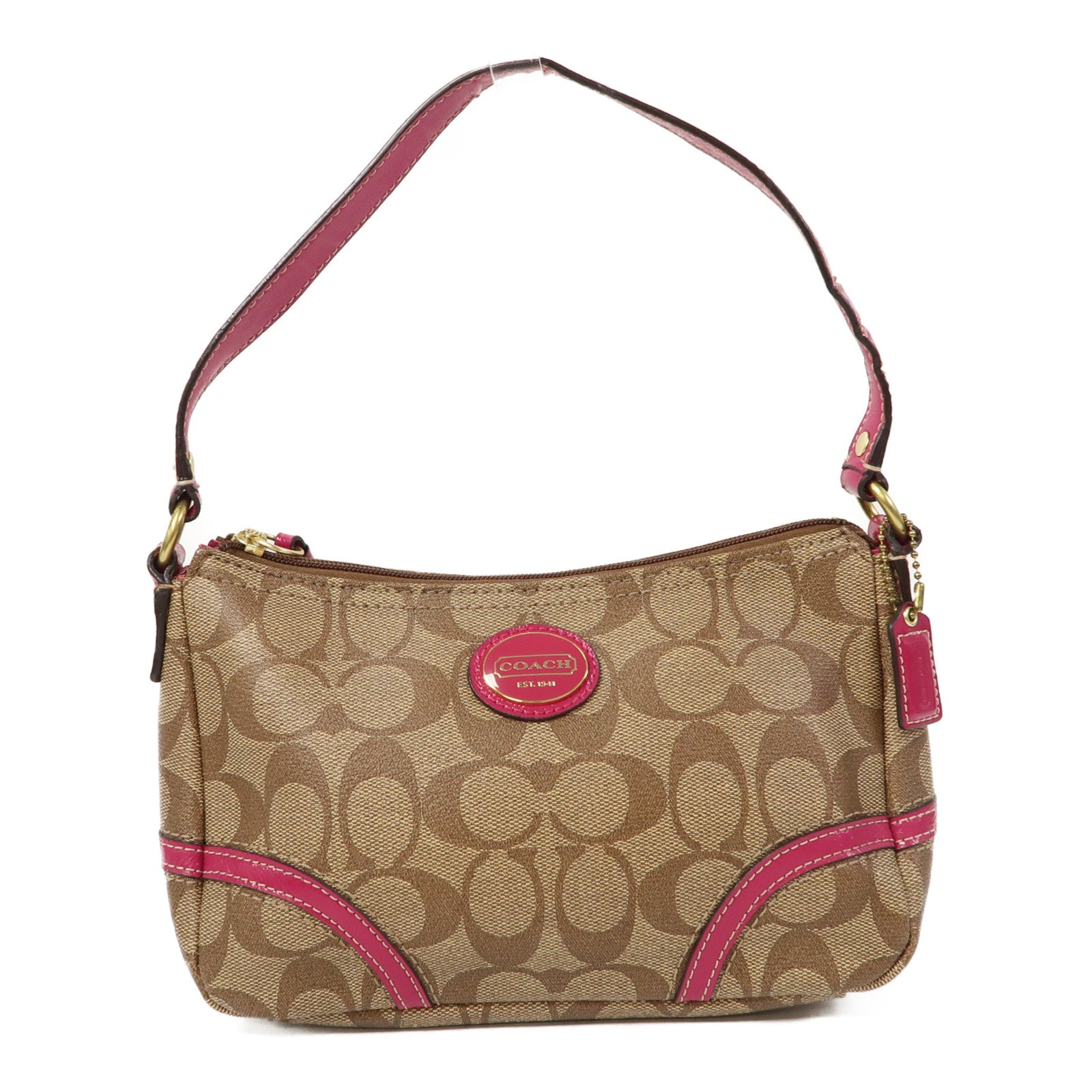 COACH 塗層帆布Shoulder Bag金扣肩背袋啡色/粉紅色