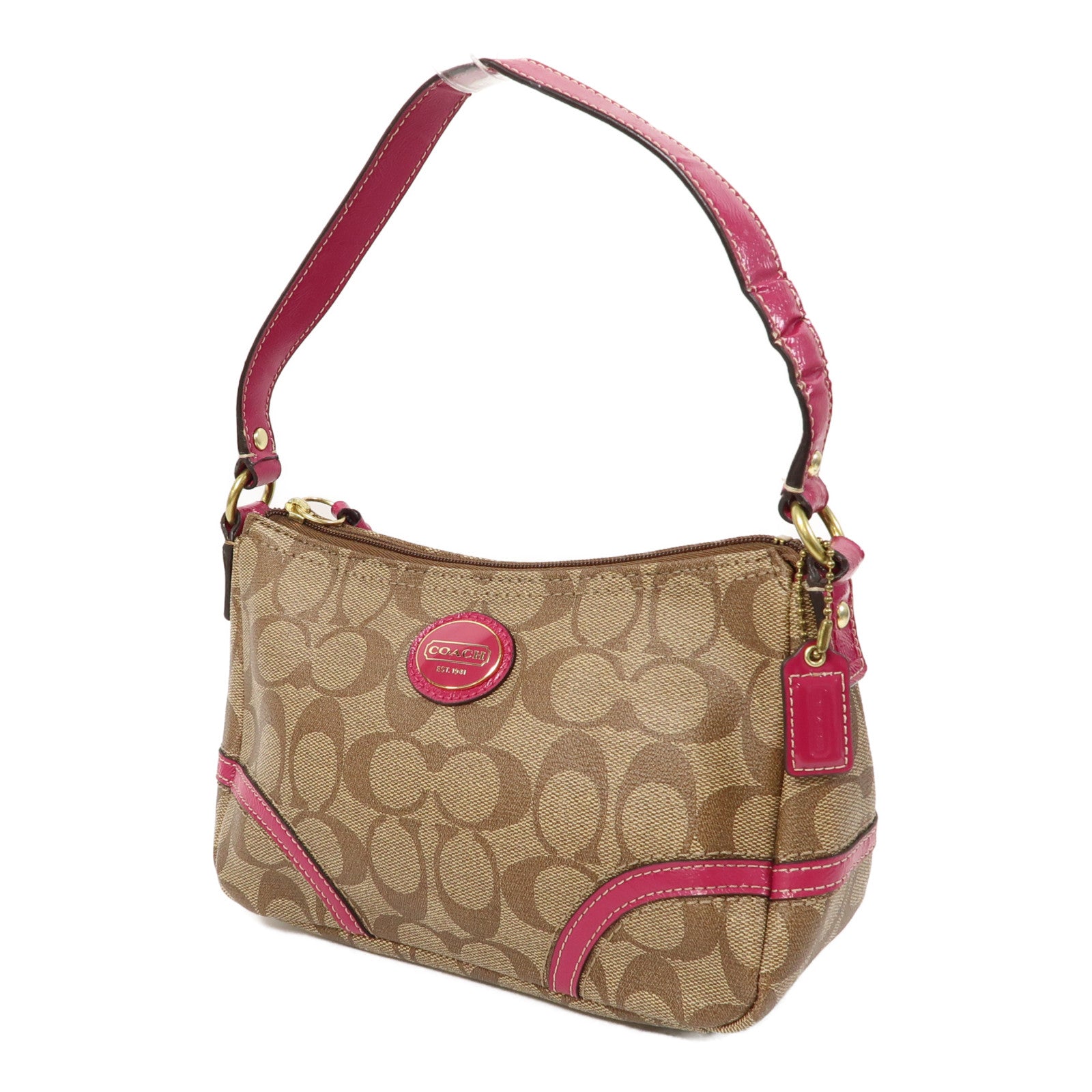 COACH 塗層帆布Shoulder Bag金扣肩背袋啡色/粉紅色