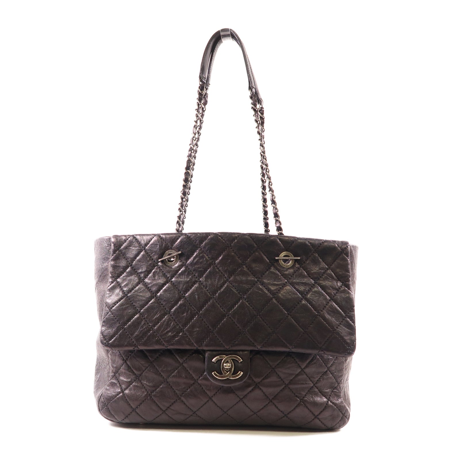 CHANEL CC SHW Shoulder Tote Bag Calfskin Leather Black