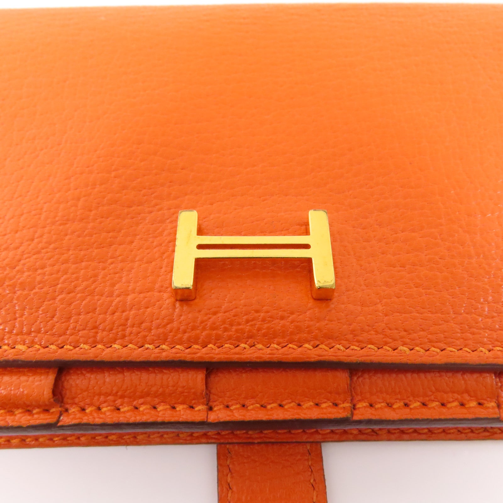 HERMES 【激減優惠】Chevre皮革Bearn金扣長錢包93 Orange