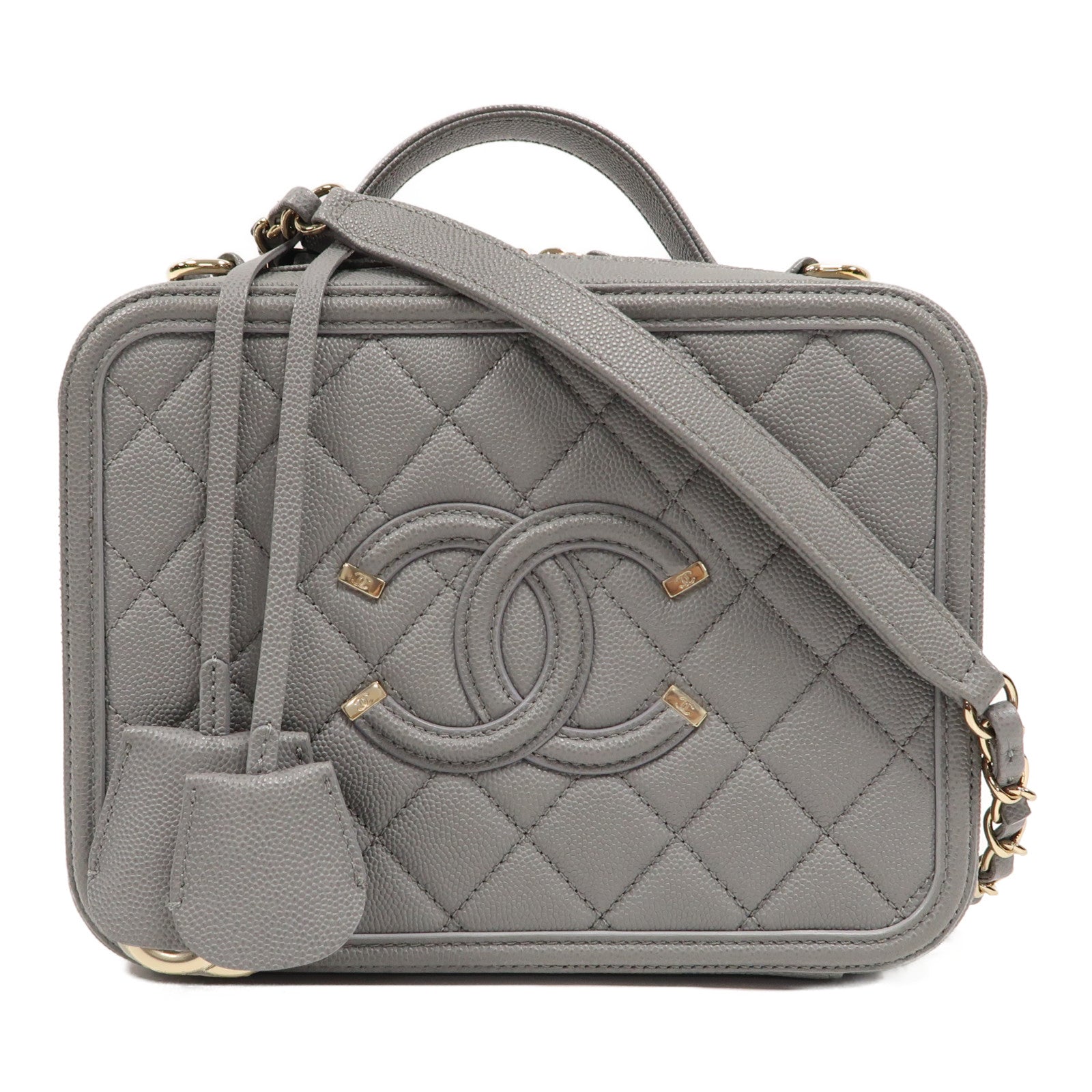 CHANEL 【激減優惠】菱格Caviar皮革Vanity Case金扣手挽肩背兩用袋灰色