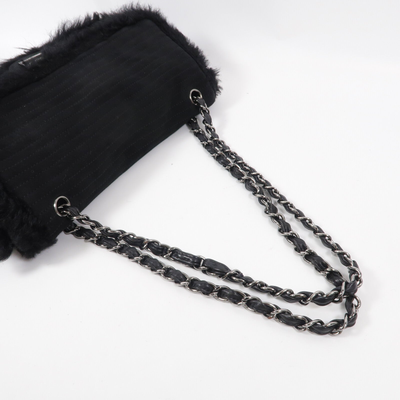 CHANEL 麂皮皮革/羊毛Chain Shoulder鏈帶肩背袋