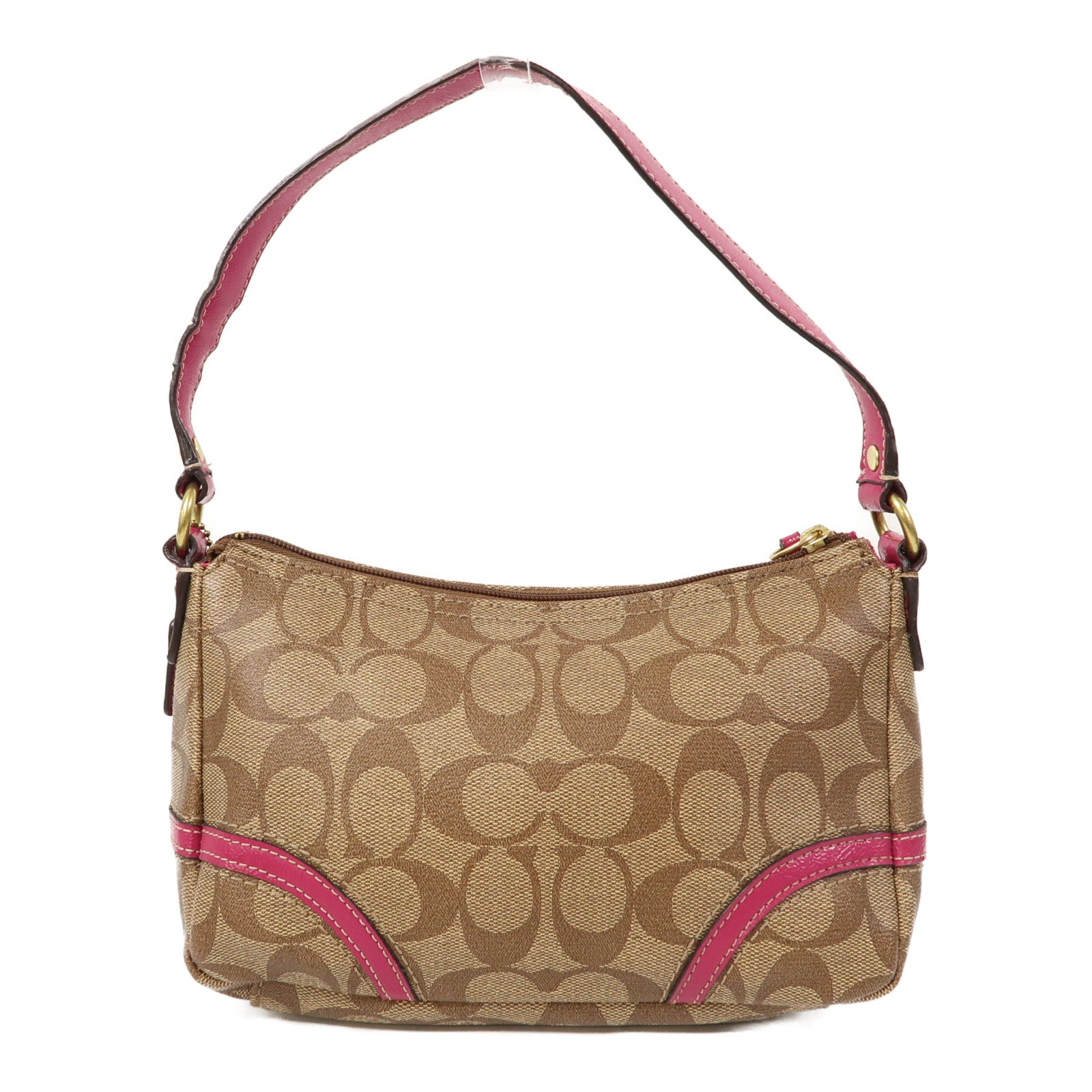 COACH 塗層帆布Shoulder Bag金扣肩背袋啡色/粉紅色