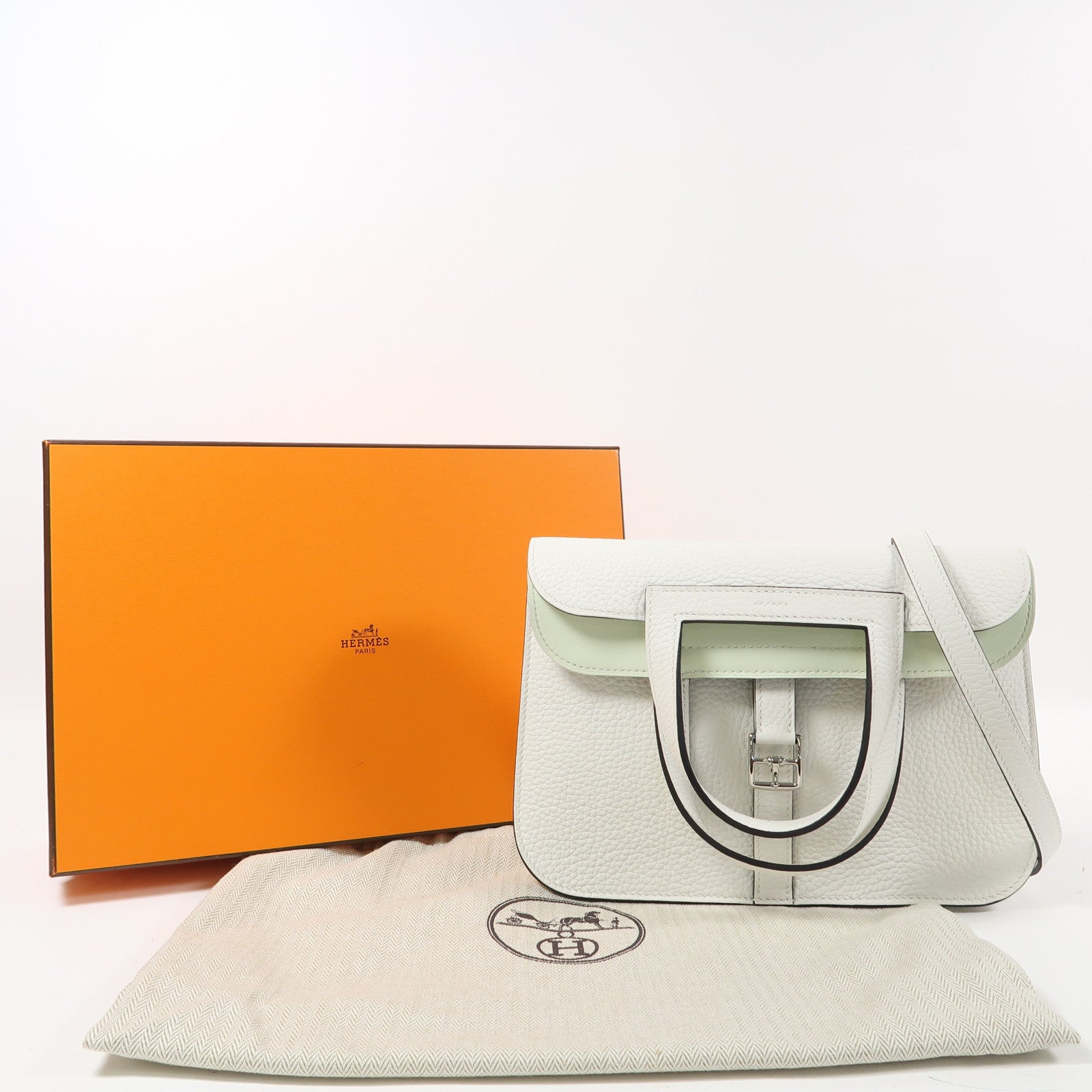 HERMES Clemence皮革Halzan 25銀扣手挽肩背兩用袋白色/淺綠色