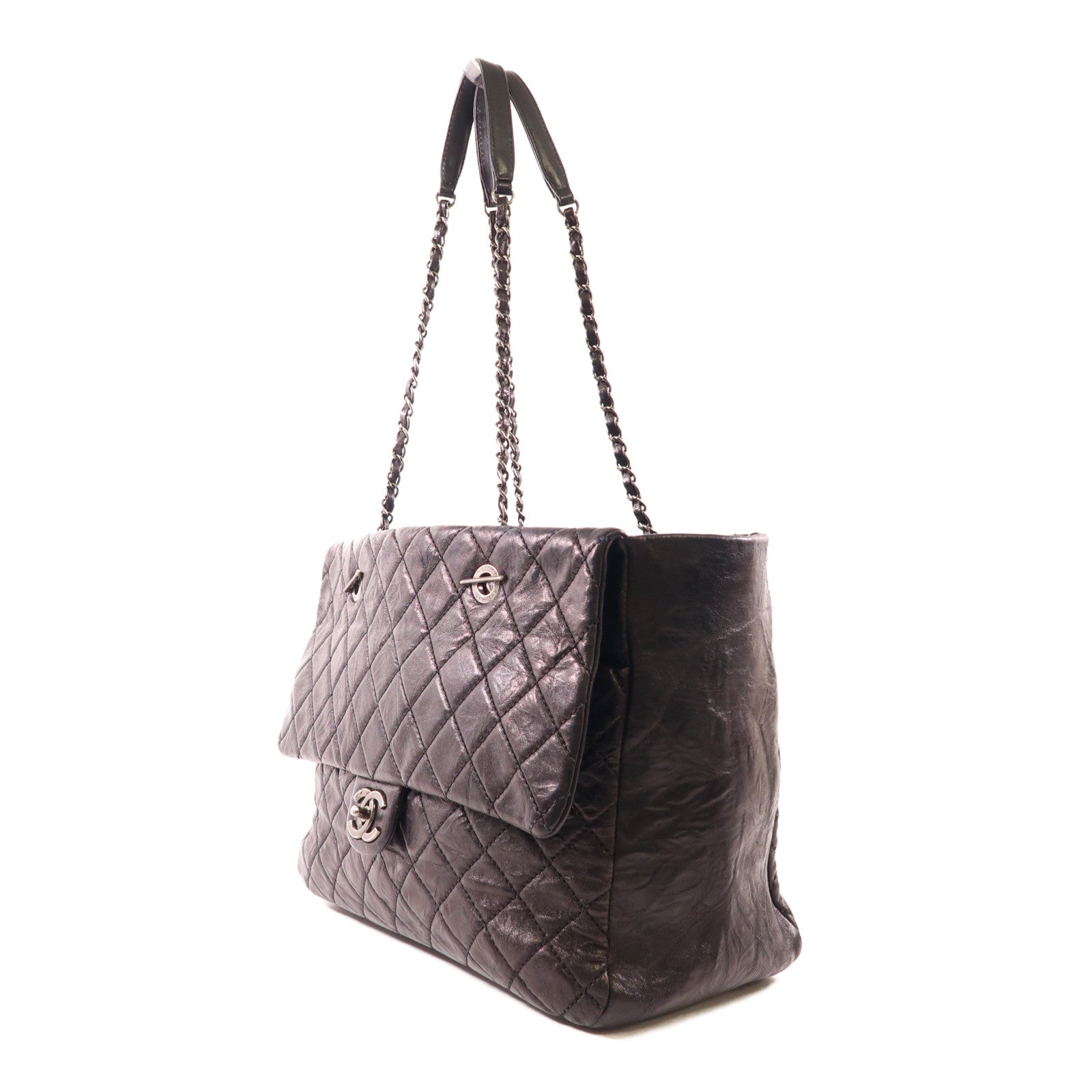 CHANEL CC SHW Shoulder Tote Bag Calfskin Leather Black