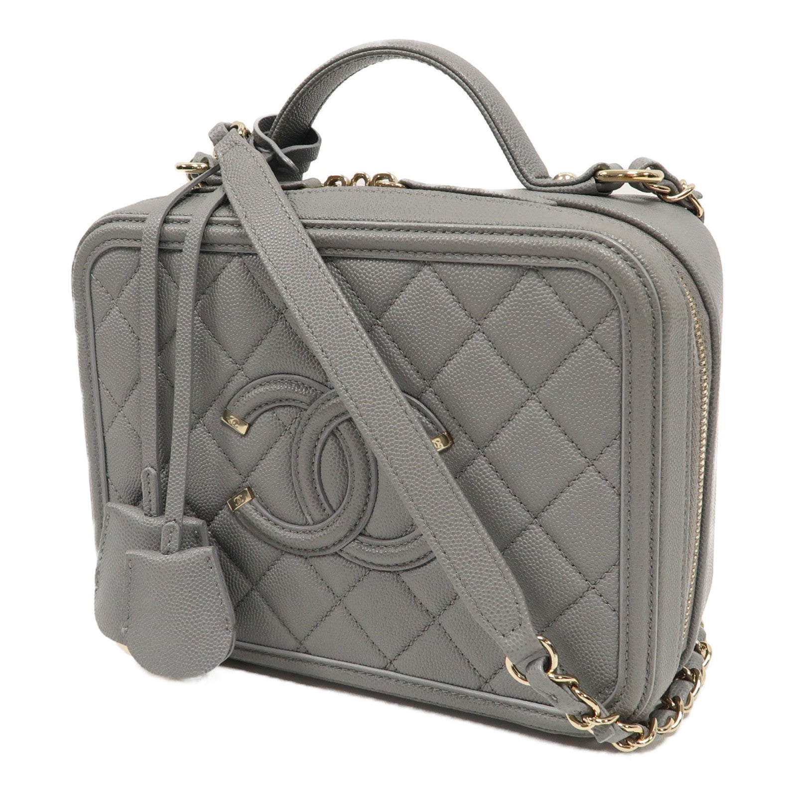 CHANEL 【激減優惠】菱格Caviar皮革Vanity Case金扣手挽肩背兩用袋灰色