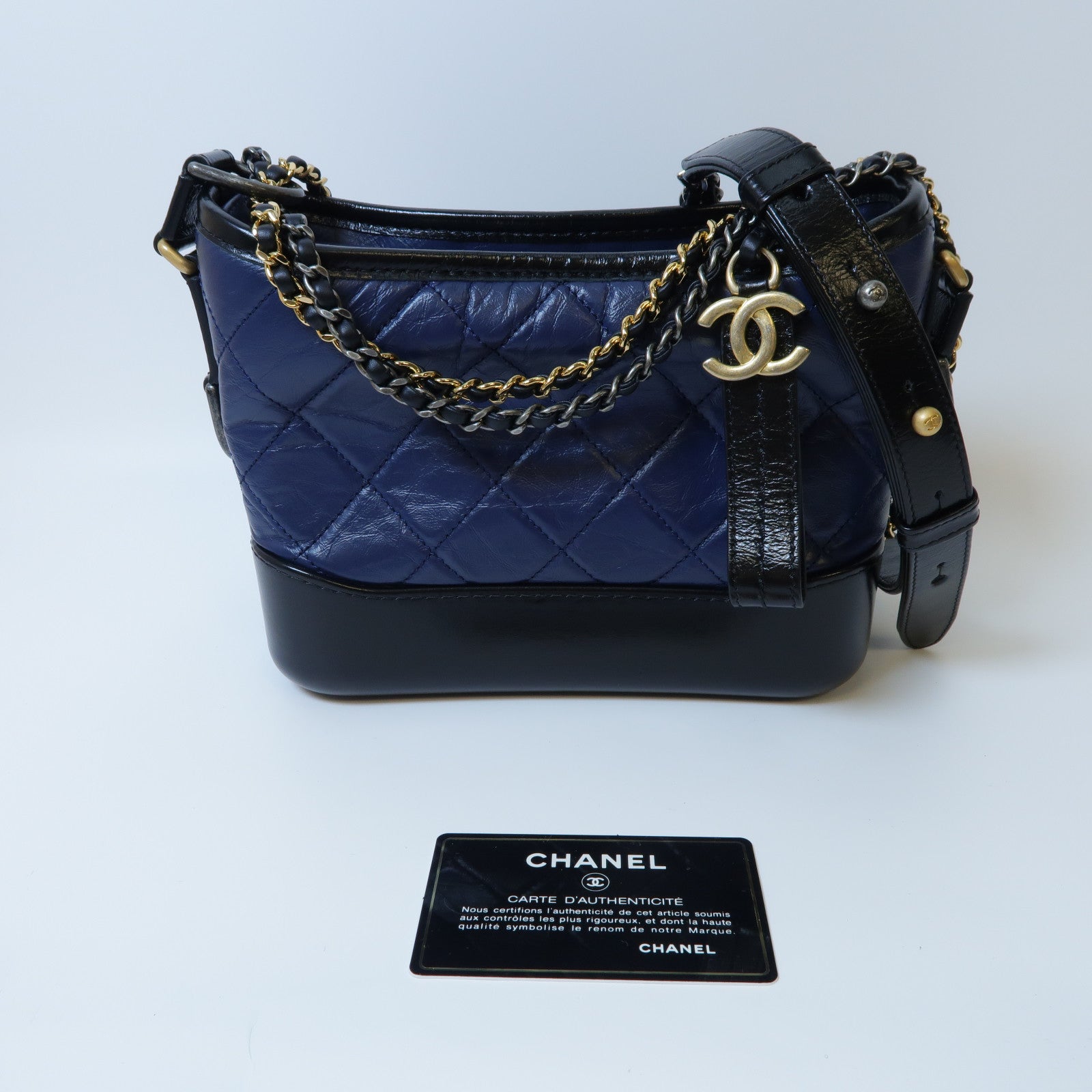 CHANEL 【激減優惠】菱格牛皮皮革Gabrielle金扣鏈帶肩背袋黑色/深藍色