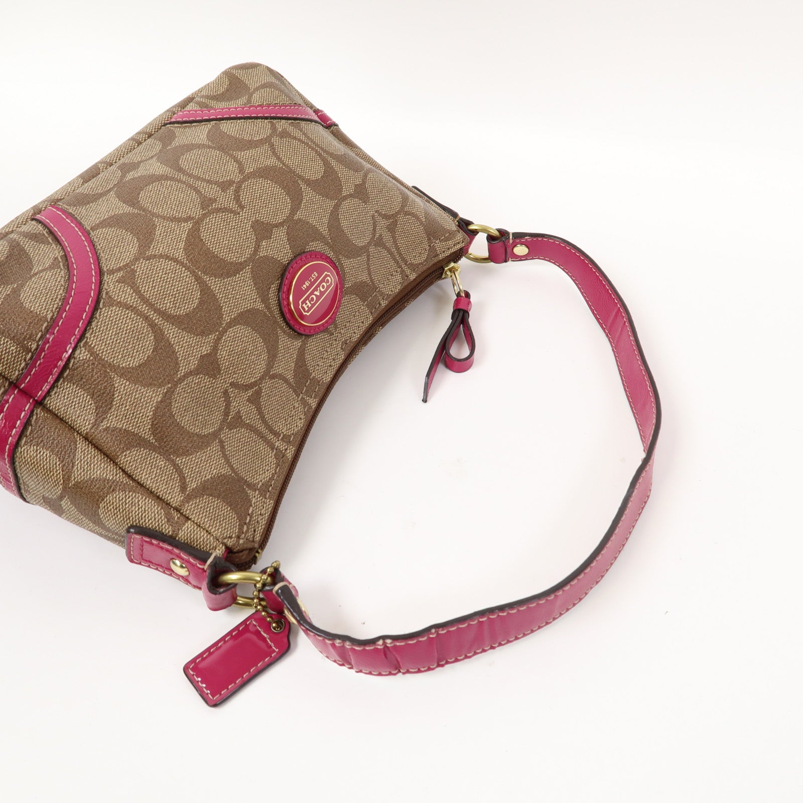 COACH 塗層帆布Shoulder Bag金扣肩背袋啡色/粉紅色