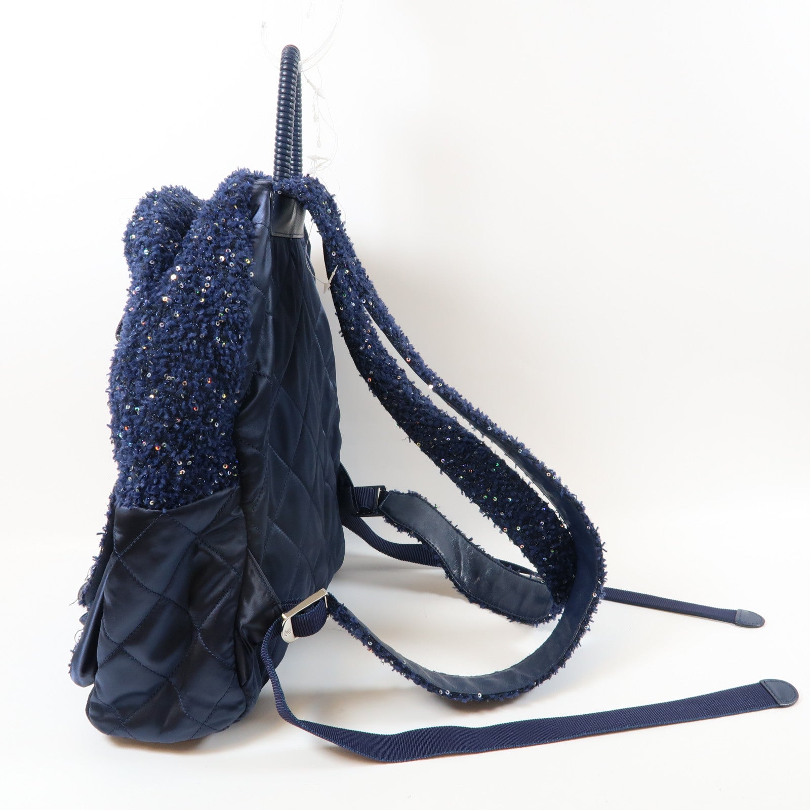 CHANEL 軟呢/菱格尼龍Backpack銀扣背包海軍藍色