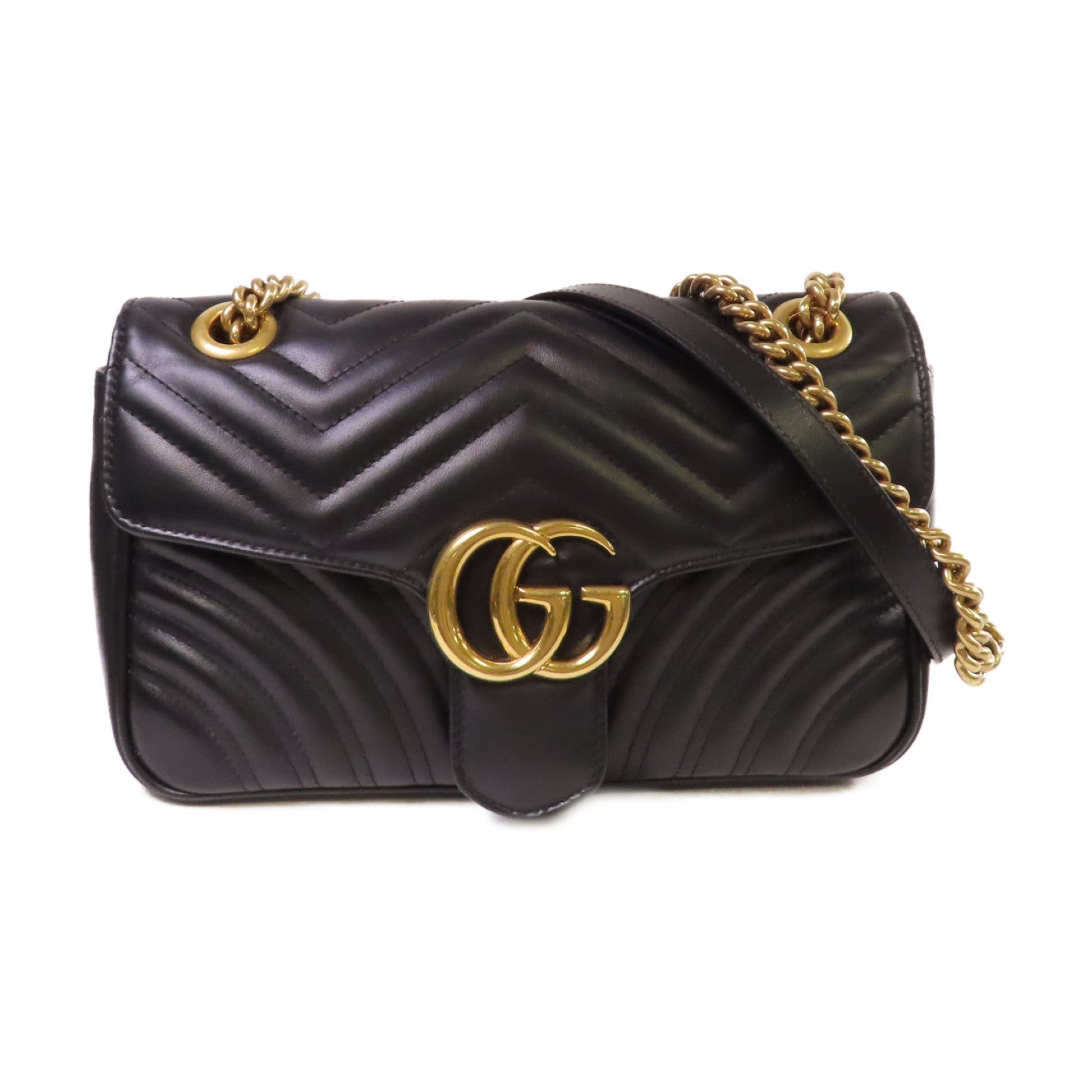 GUCCI 牛皮皮革GG Marmont Small Shoulder Bag金扣鏈帶肩背袋黑色