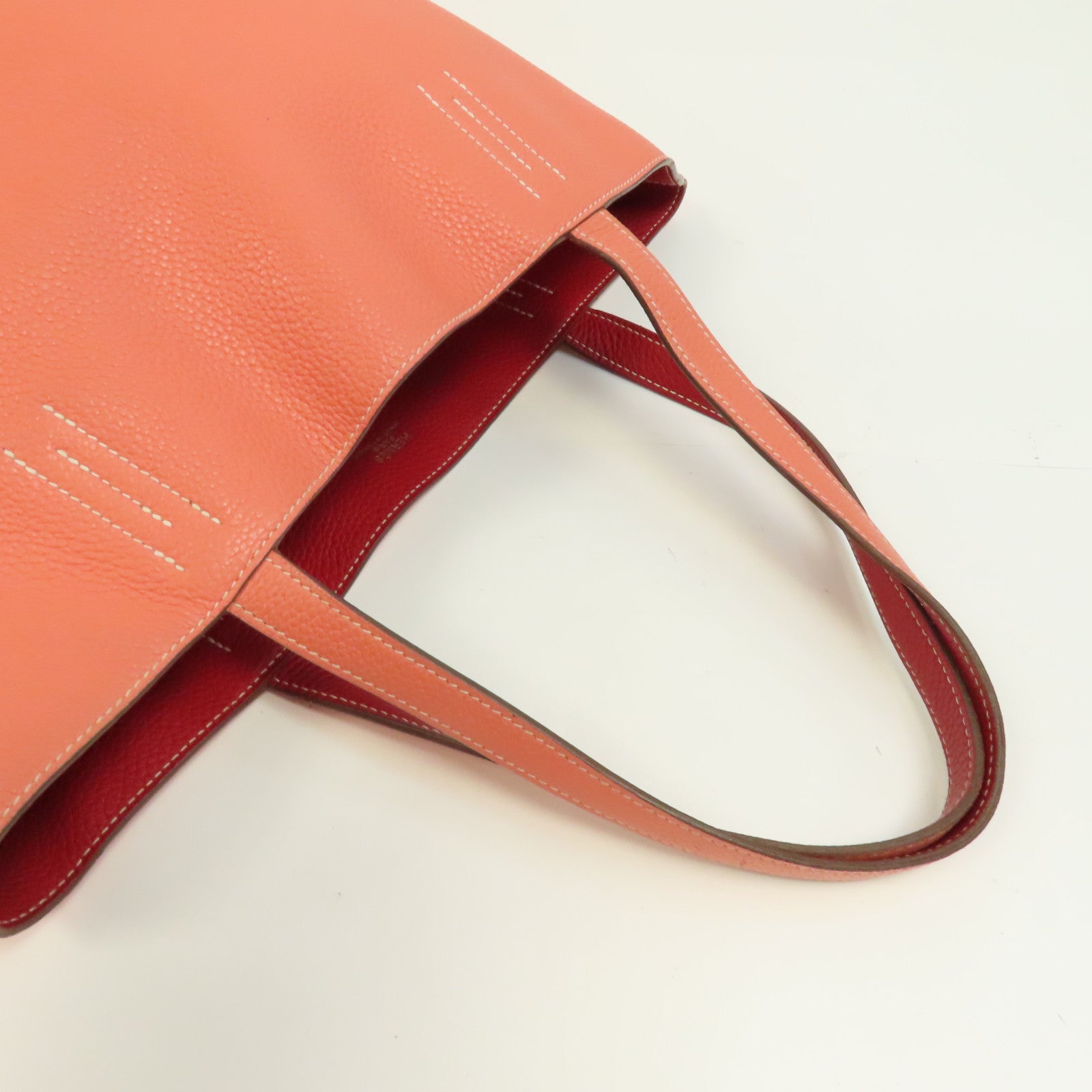 HERMES Clemence皮革Double Sens手挽袋Crevette/淺橙色/Rouge Casaque/紅色