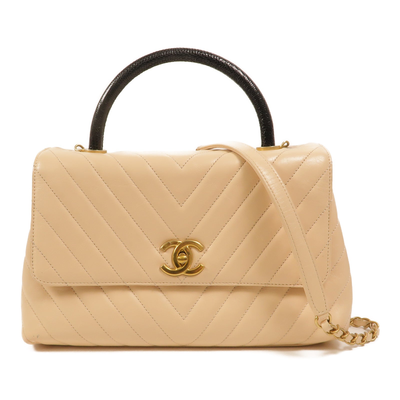 CHANEL 牛皮皮革Coco Handle Flap Bag鏈帶手挽肩背兩用袋