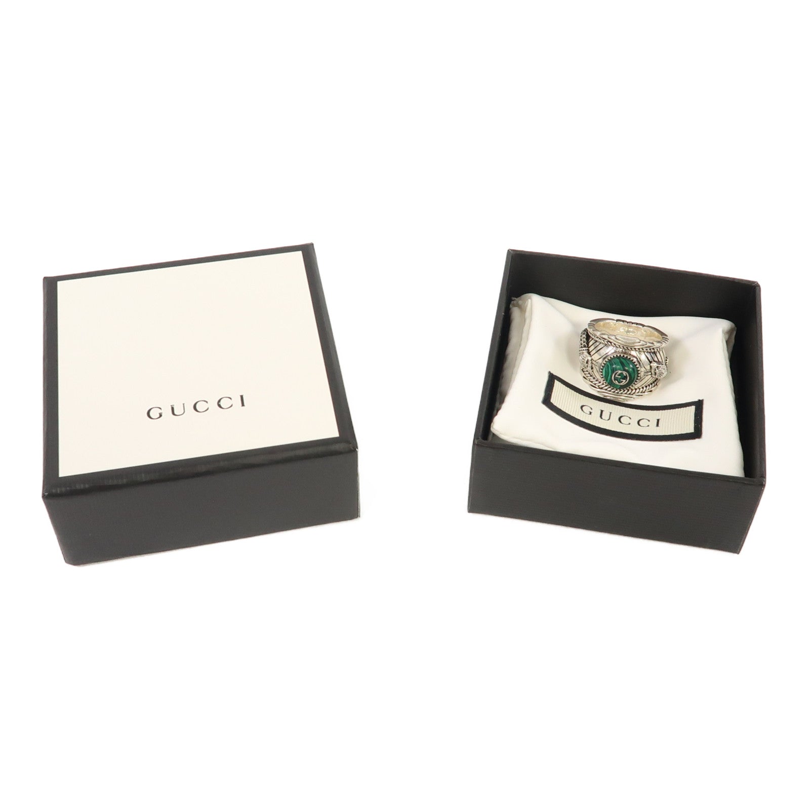 GUCCI 925純銀Garden Snake Ring戒指銀色/綠色US#10