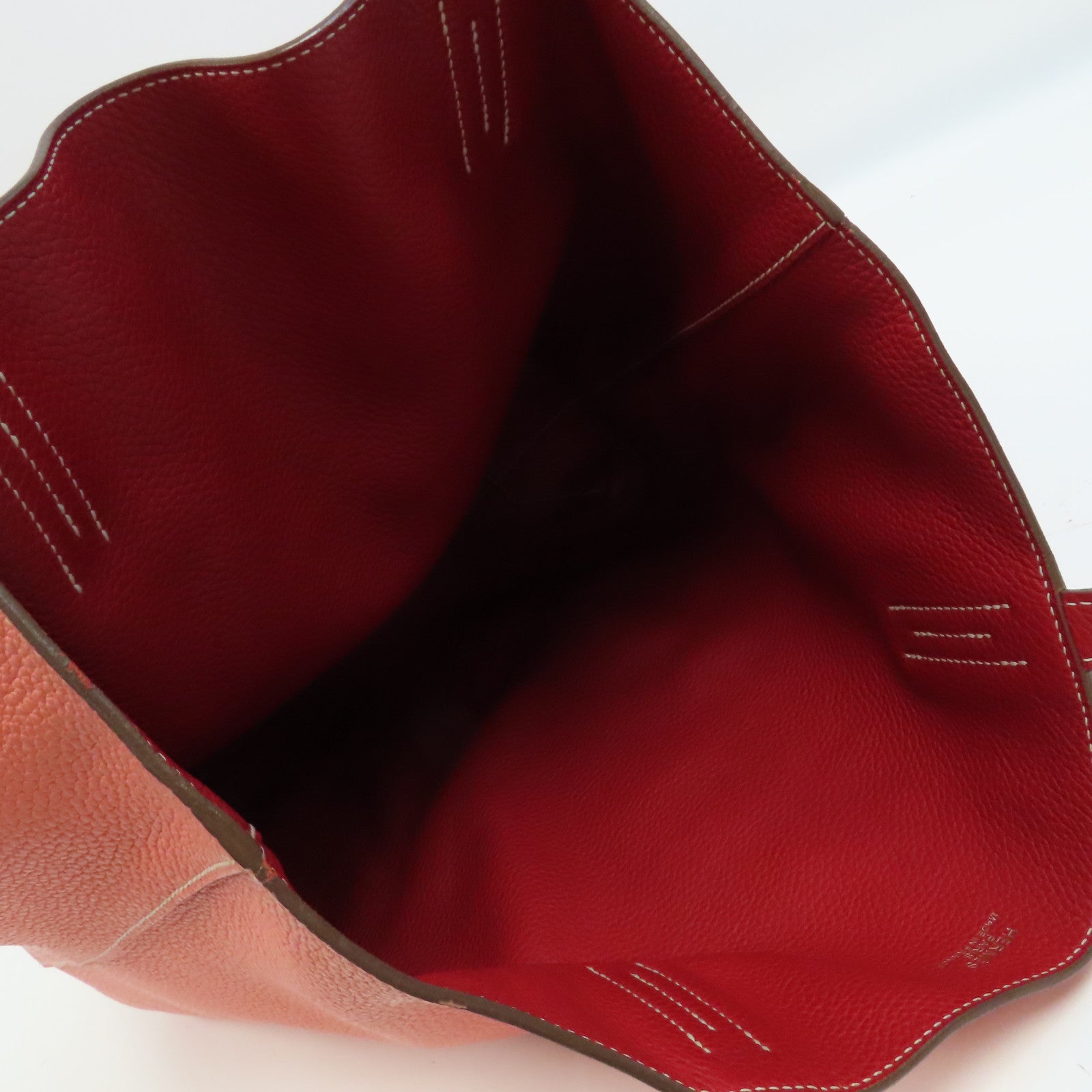 HERMES Clemence皮革Double Sens手挽袋Crevette/淺橙色/Rouge Casaque/紅色