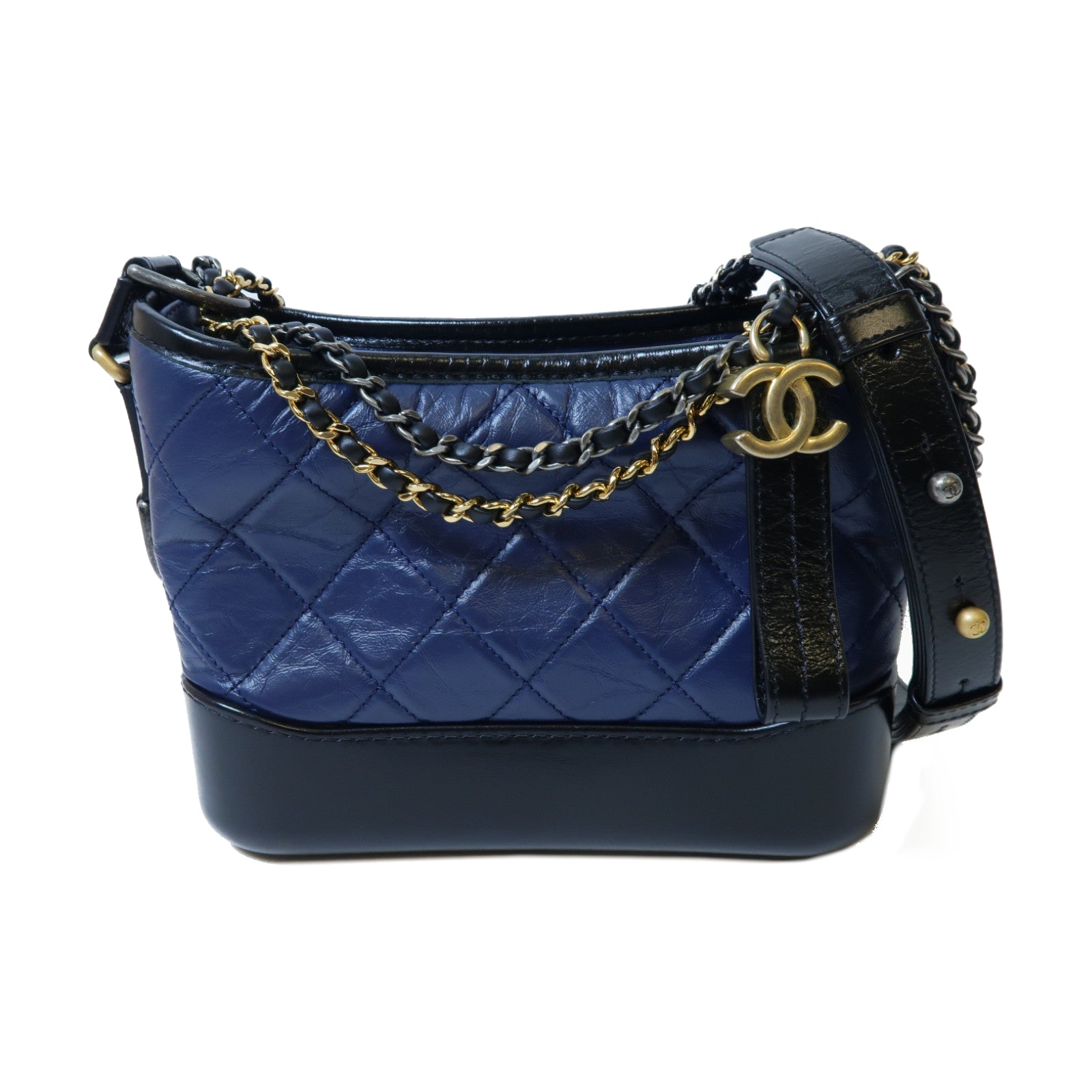 CHANEL 【激減優惠】菱格牛皮皮革Gabrielle金扣鏈帶肩背袋黑色/深藍色