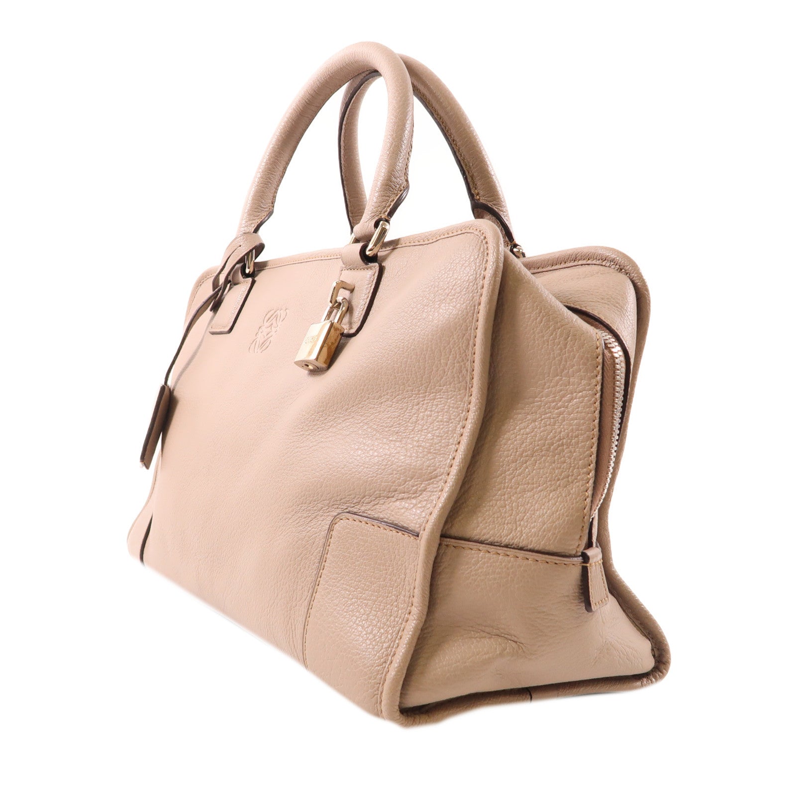 LOEWE 牛皮皮革Handbag銀扣手挽袋淺棕色