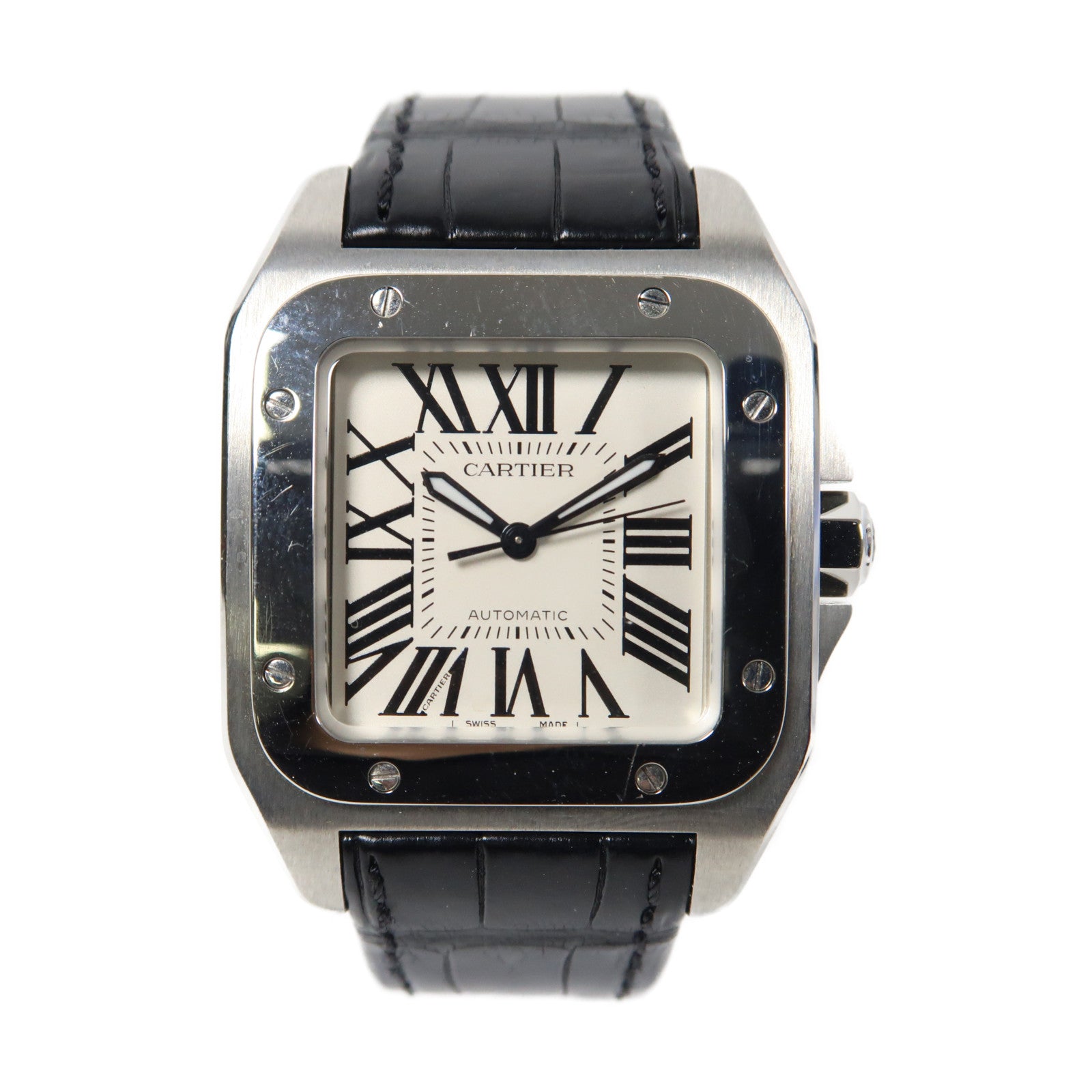 CARTIER Santos 100不鏽鋼/皮革手錶自動機芯白色